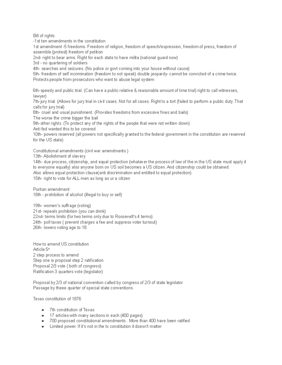 POLS 1337 notes 2 - Bill of rights -1st ten amendments in the ...