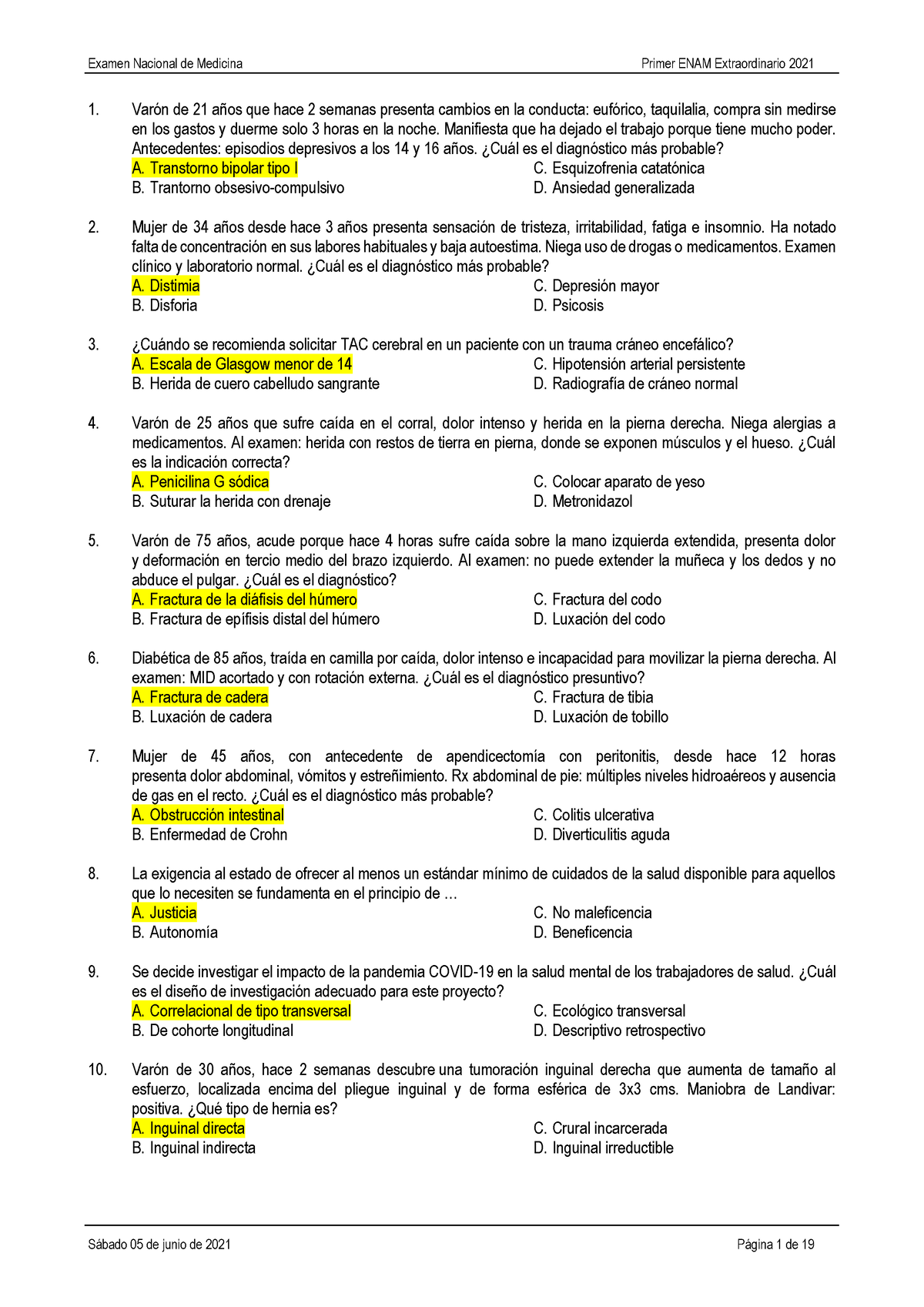 Examen Enam05062021 Final Exam 2018 - Varón De 21 Años Que Hace 2 ...