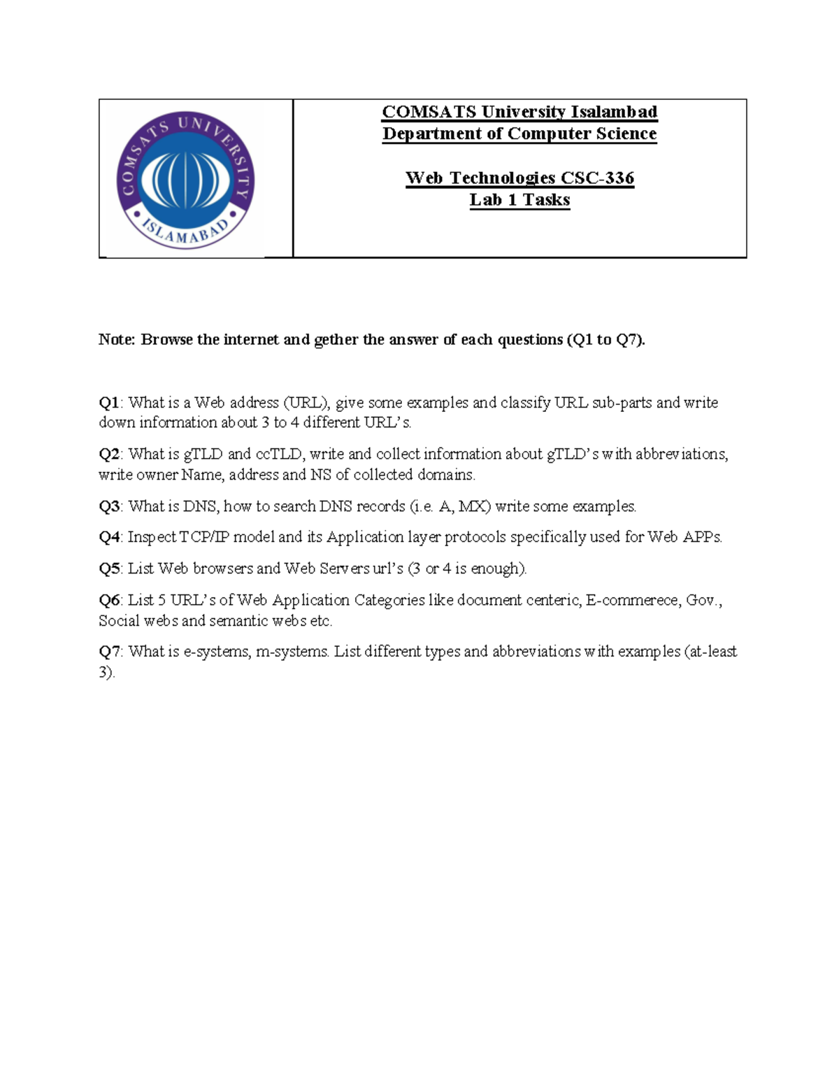LAB Week 1 Tasks - Lab Task - COMSATS University Isalambad Department ...