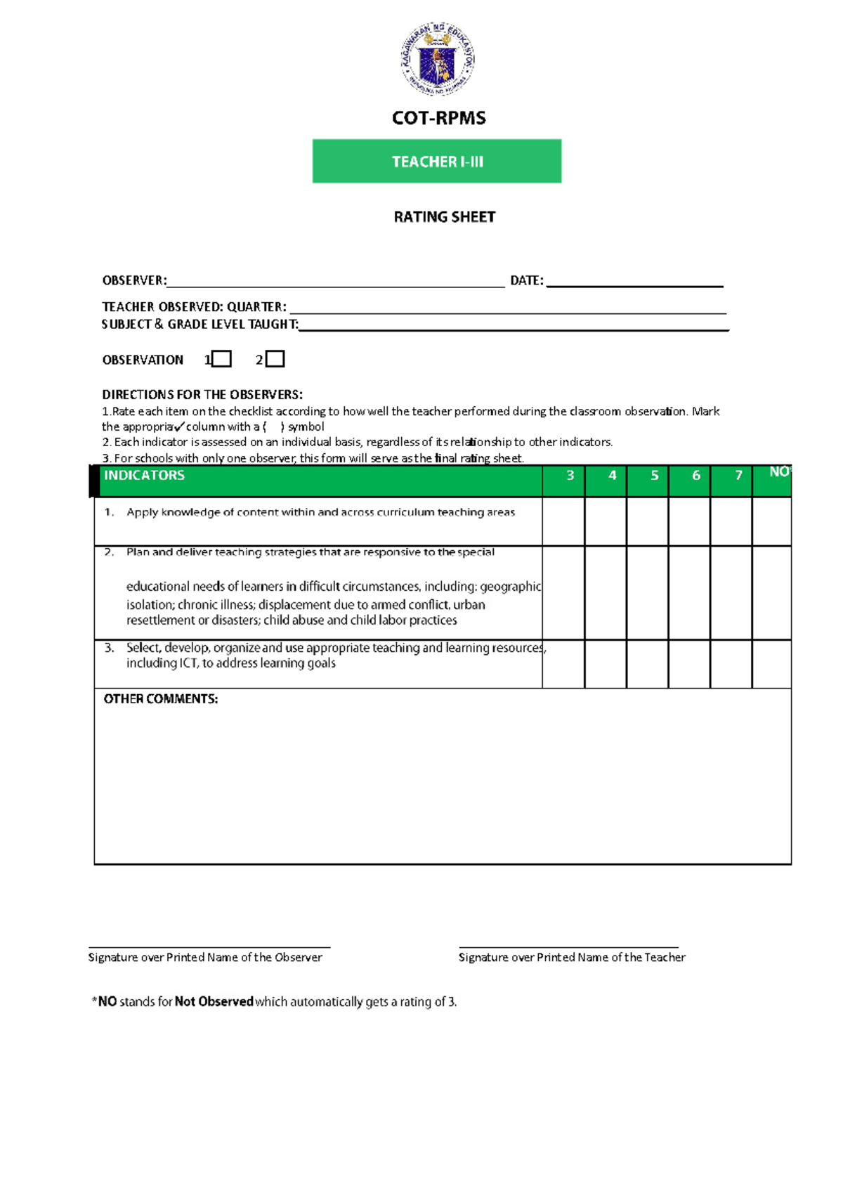 COT Rating Sheet 20202021 BSCM Practicum Studocu