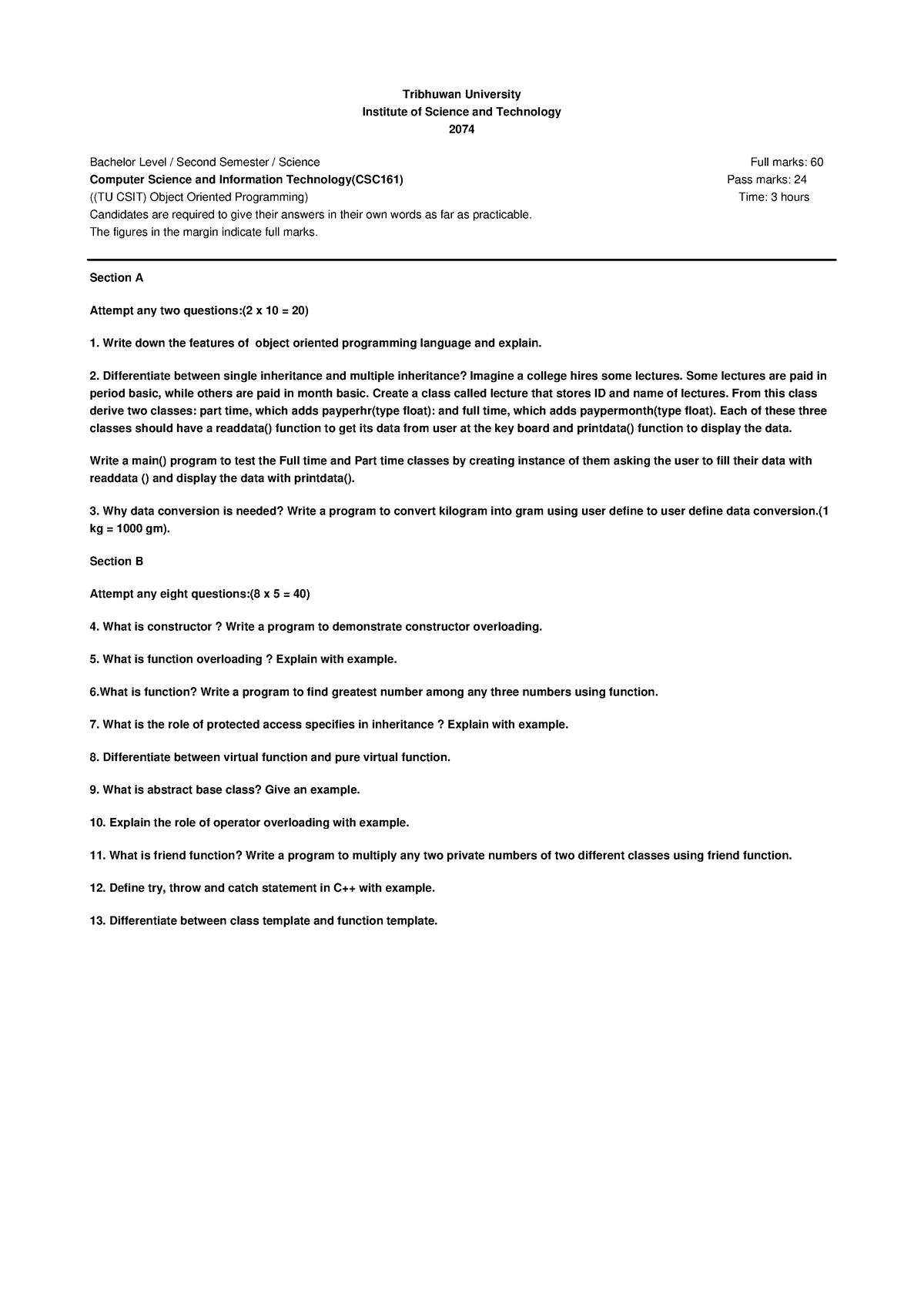 Object Oriented Programming 2074 Questionpaper - Tribhuwan University ...