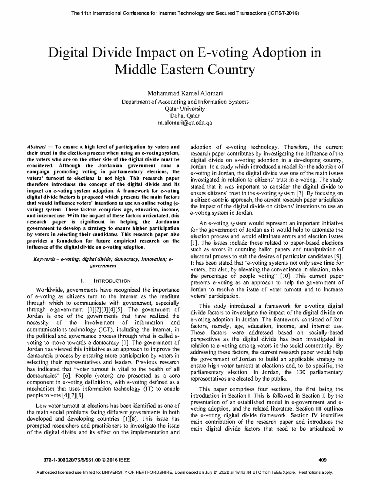 Digital divide impact on evoting adoption in middle eastern country