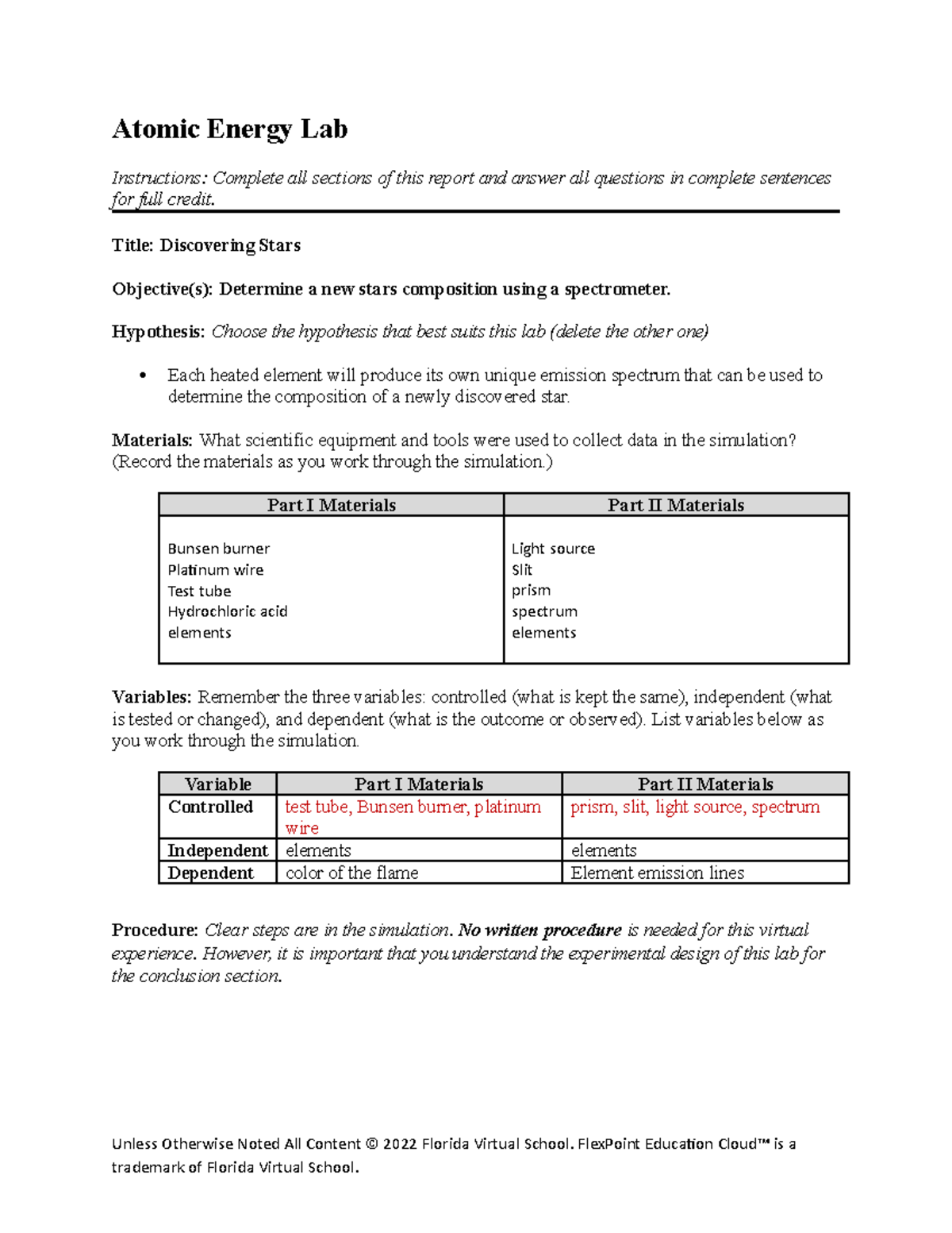 Atomic Energy Lab Atomic Energy Lab Instructions Complete all