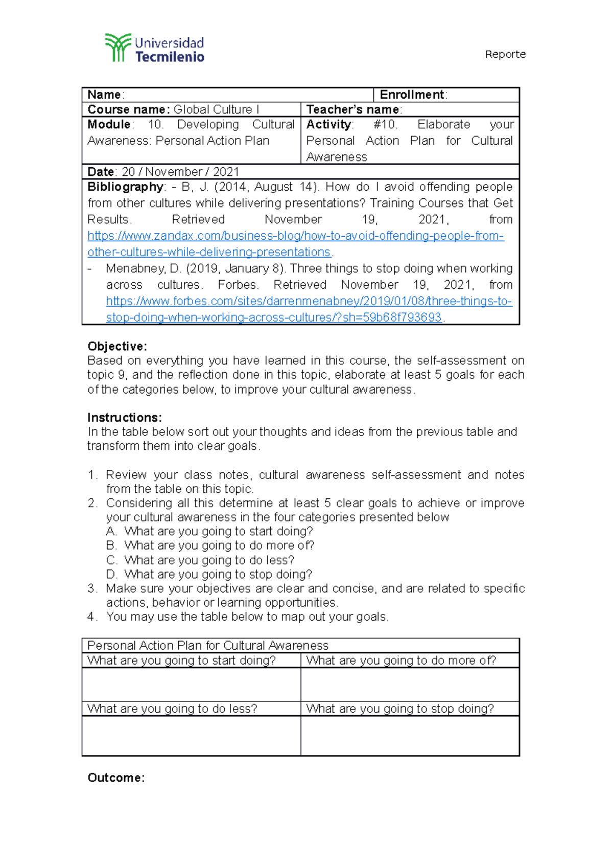 Activity #10 Global culture - Reporte Name: Enrollment: Course name ...