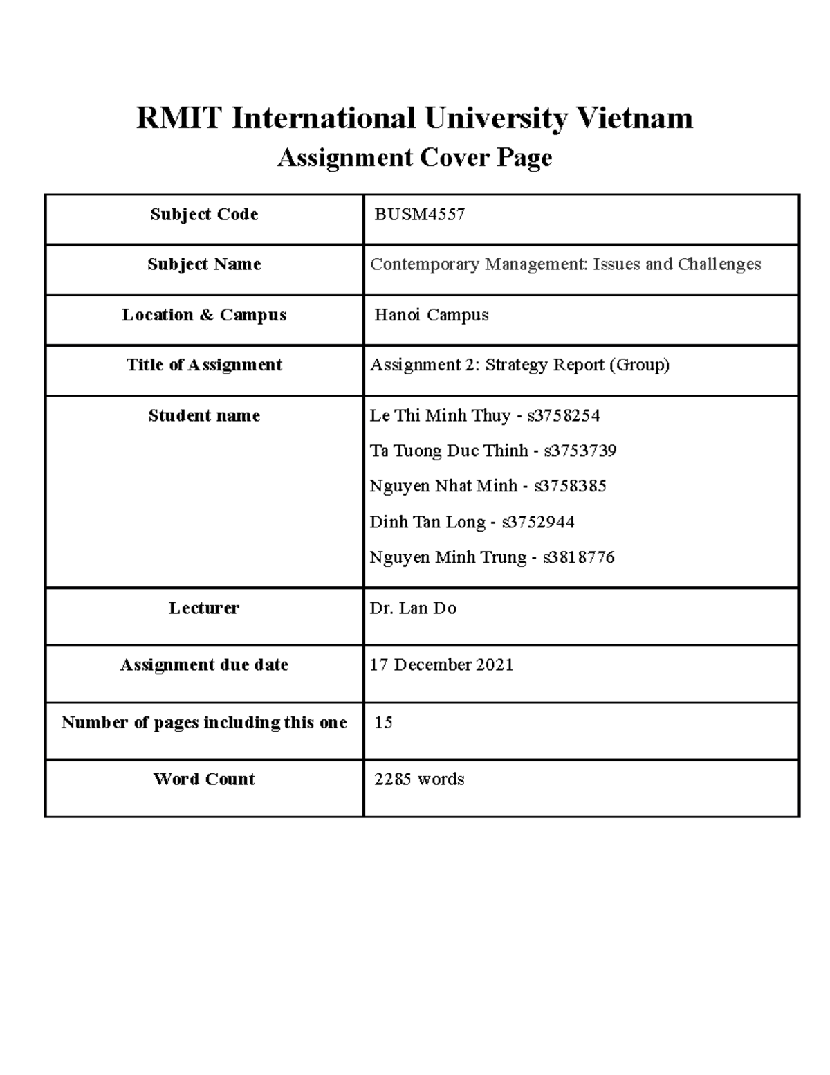 BUSM4557 Assignment 2 Strategy Report Ta Tuong Duc Thinh s3753739 ...