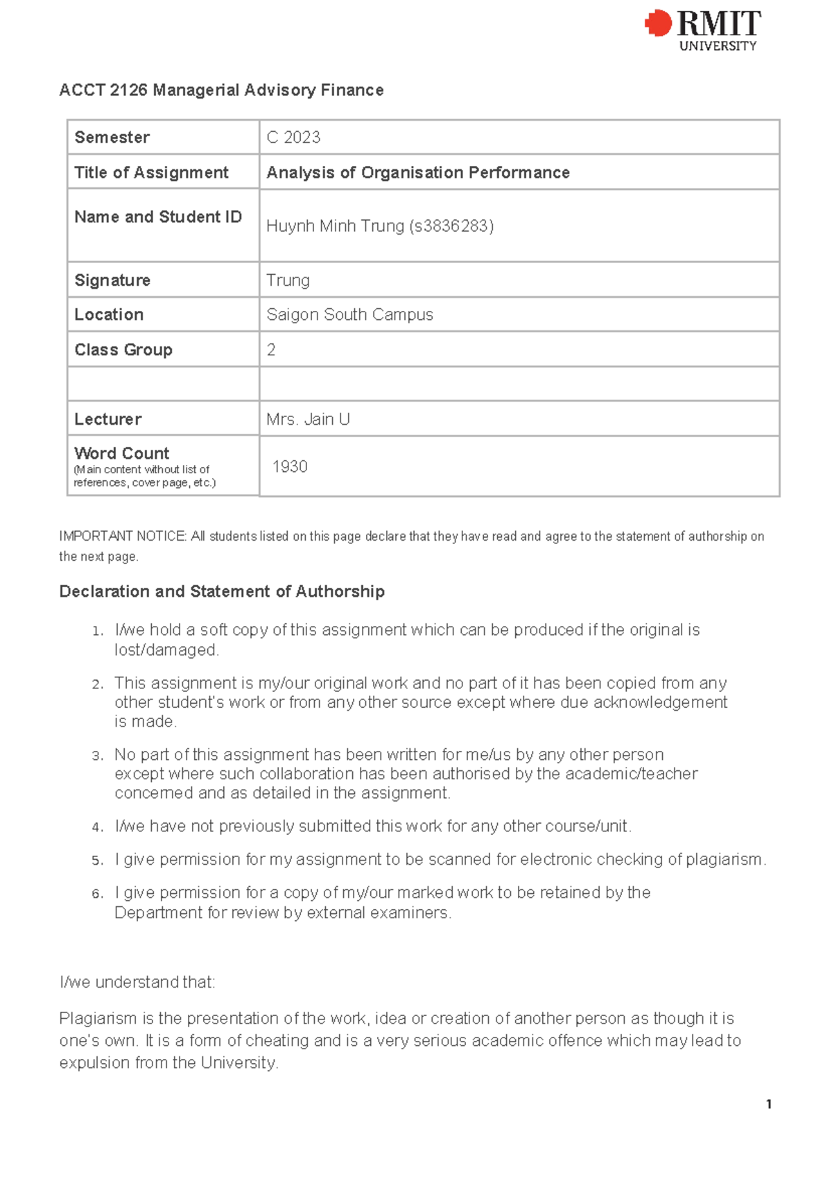 Managerial Advisory Finance Assignment 3 - ACCT 2126 Managerial ...