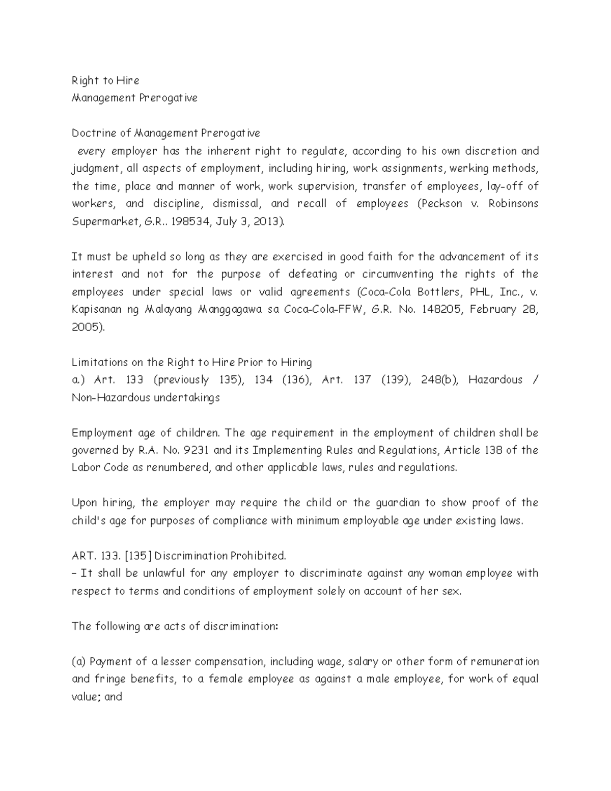 Right to Hire - Notes - Right to Hire Management Prerogative Doctrine ...