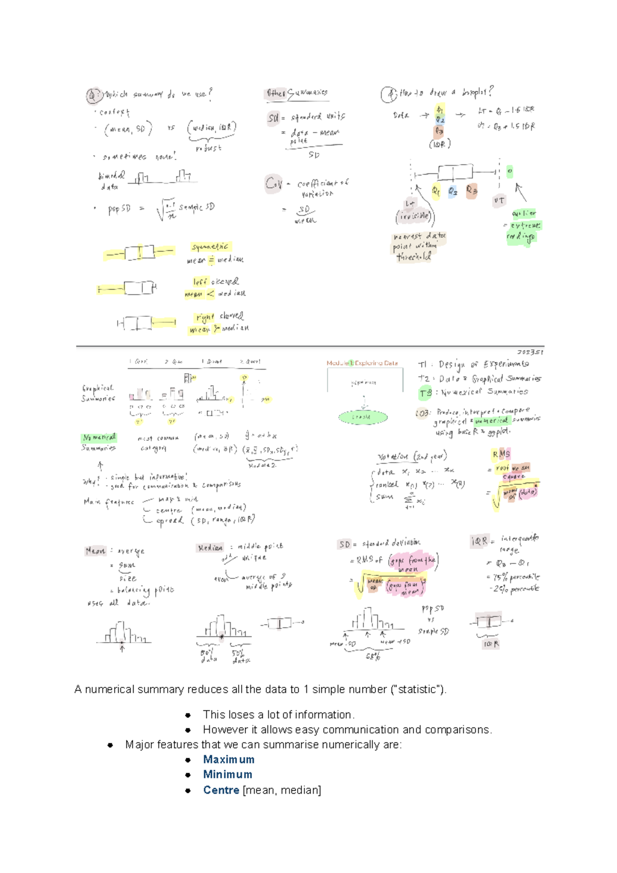 DATA1001 LEC 3 - Data Lecture Notes - A Numerical Summary Reduces All ...