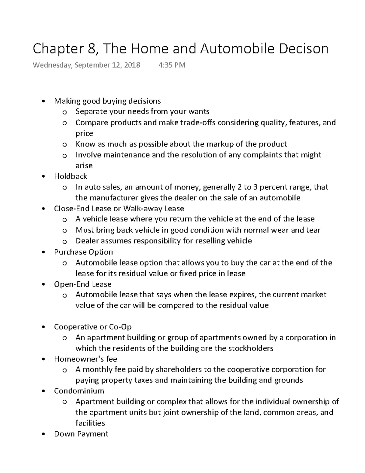 Chapter 8 Lecture Notes PFP - Chapter 8, The Home and Automobile ...