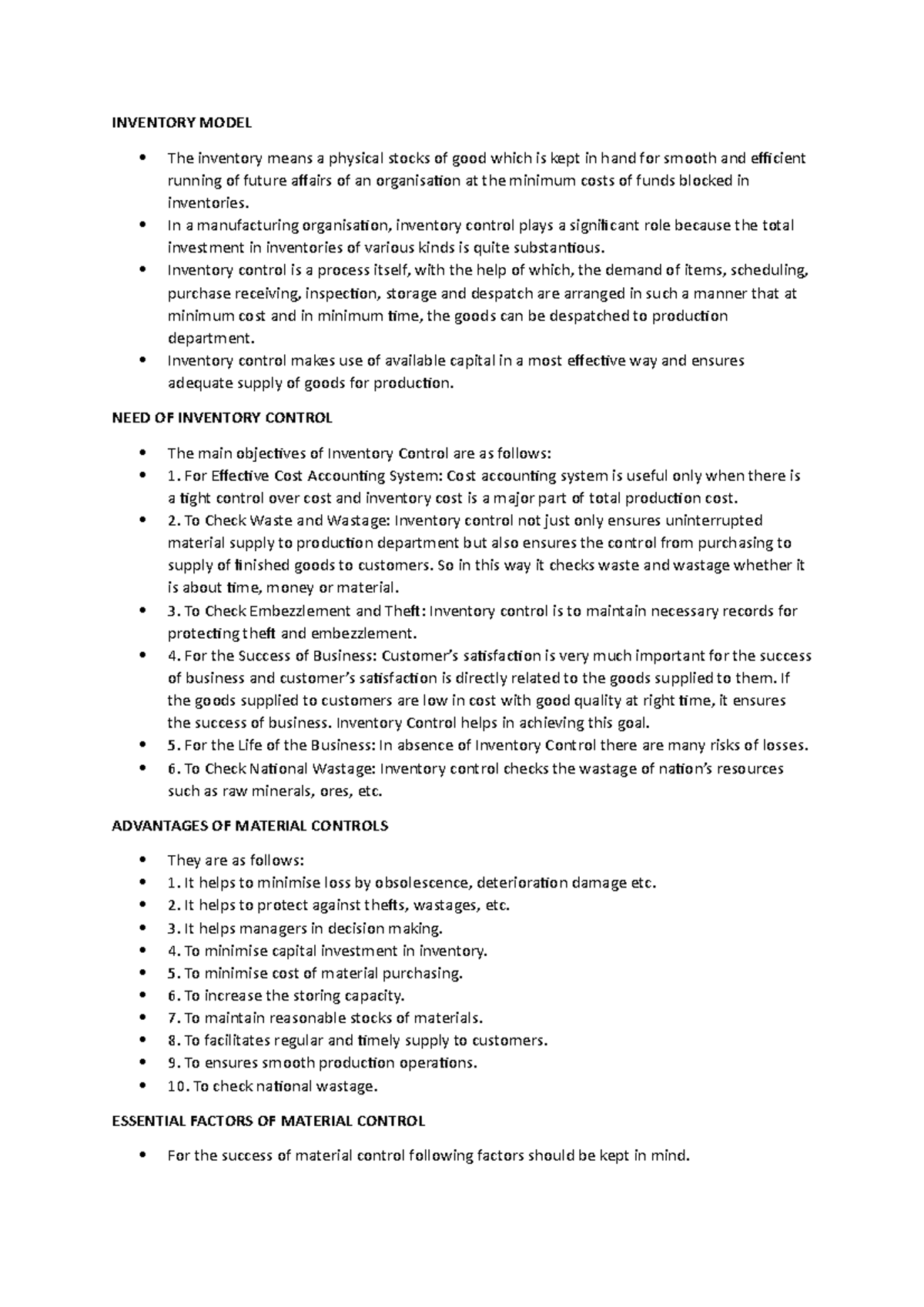 Inventory Model - INVENTORY MODEL The inventory means a physical stocks ...