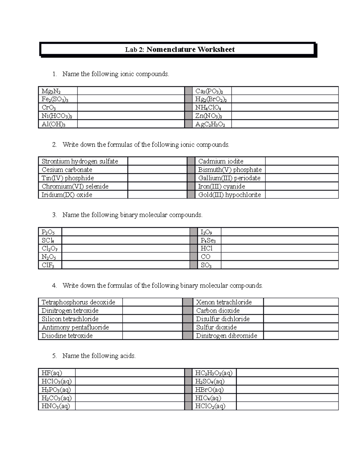 Nomenclature Worksheet CHM 2045 C lab - Lab 2: Nomenclature Worksheet ...