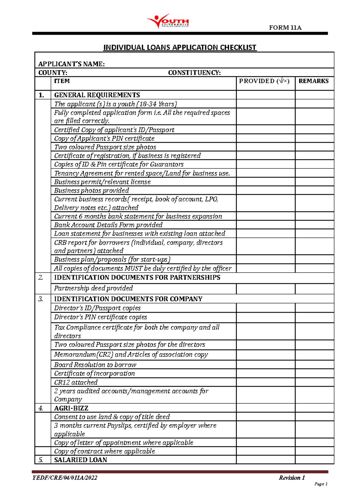 Form 11A Individual LOAN Application Checklist - FORM 11A INDIVIDUAL ...