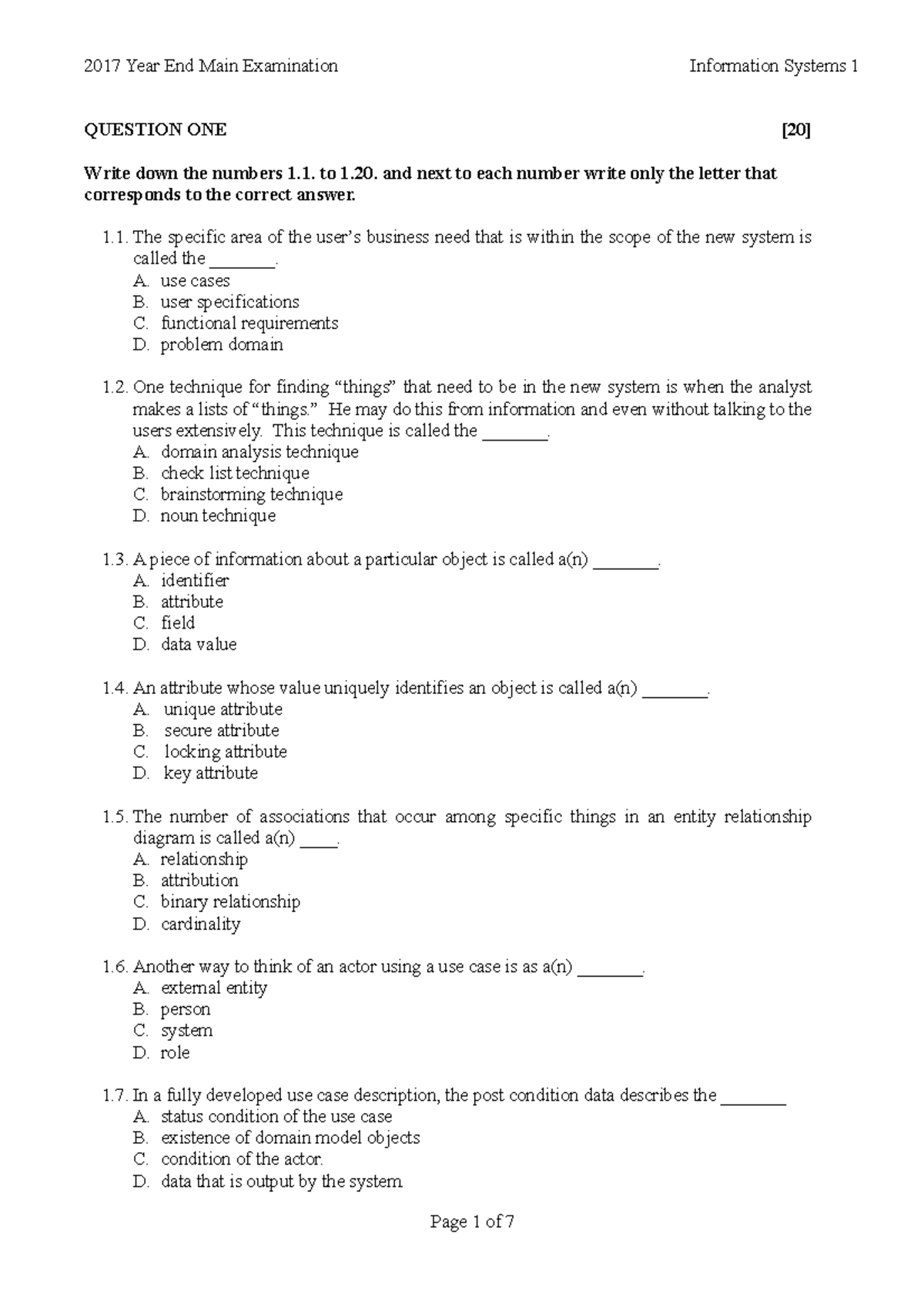 Exam 2017, questions - 2017 Year End Main Examination Information ...