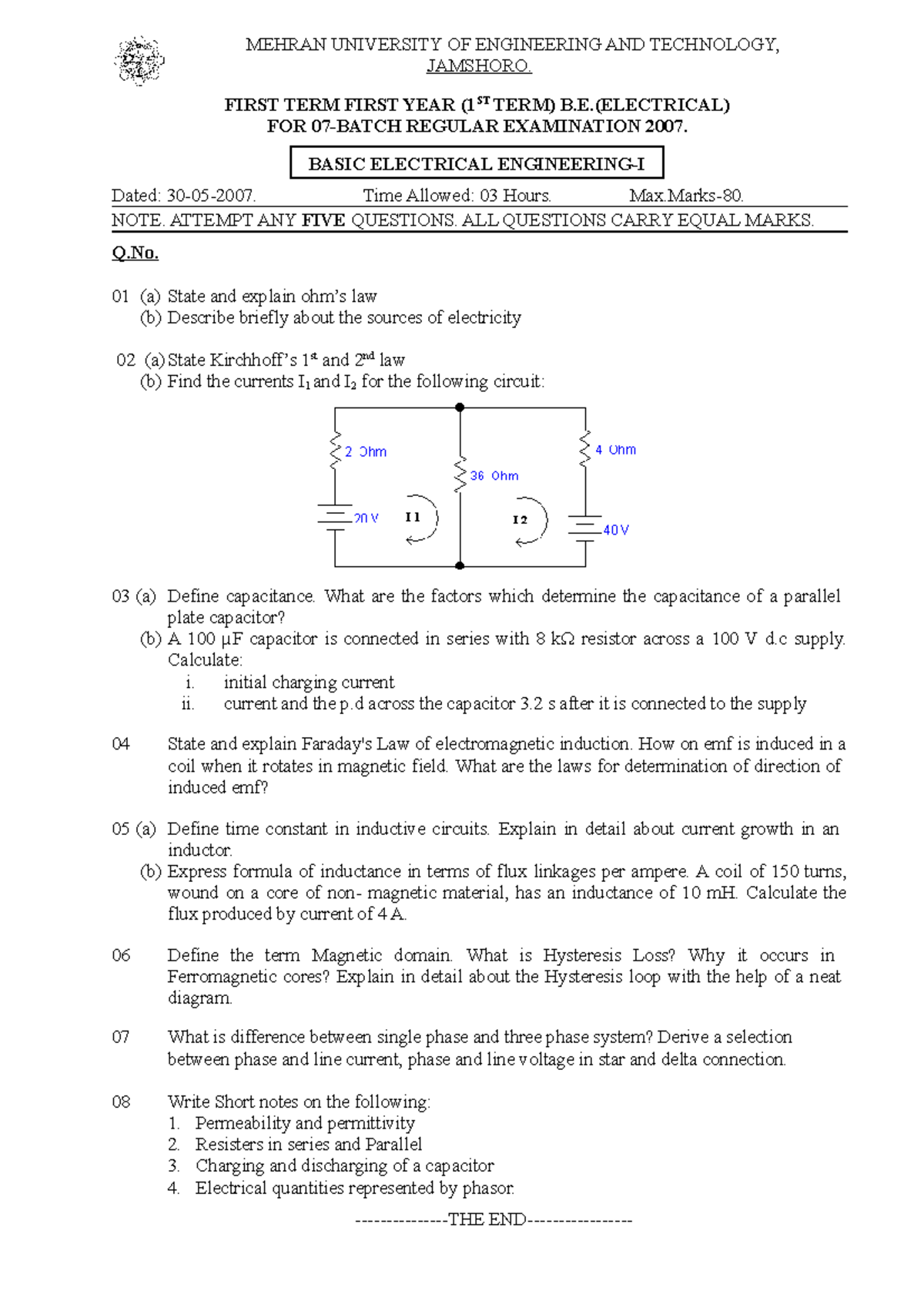 30-05 Basic Electrical Engg-I (EL) - MEHRAN UNIVERSITY OF ENGINEERING ...