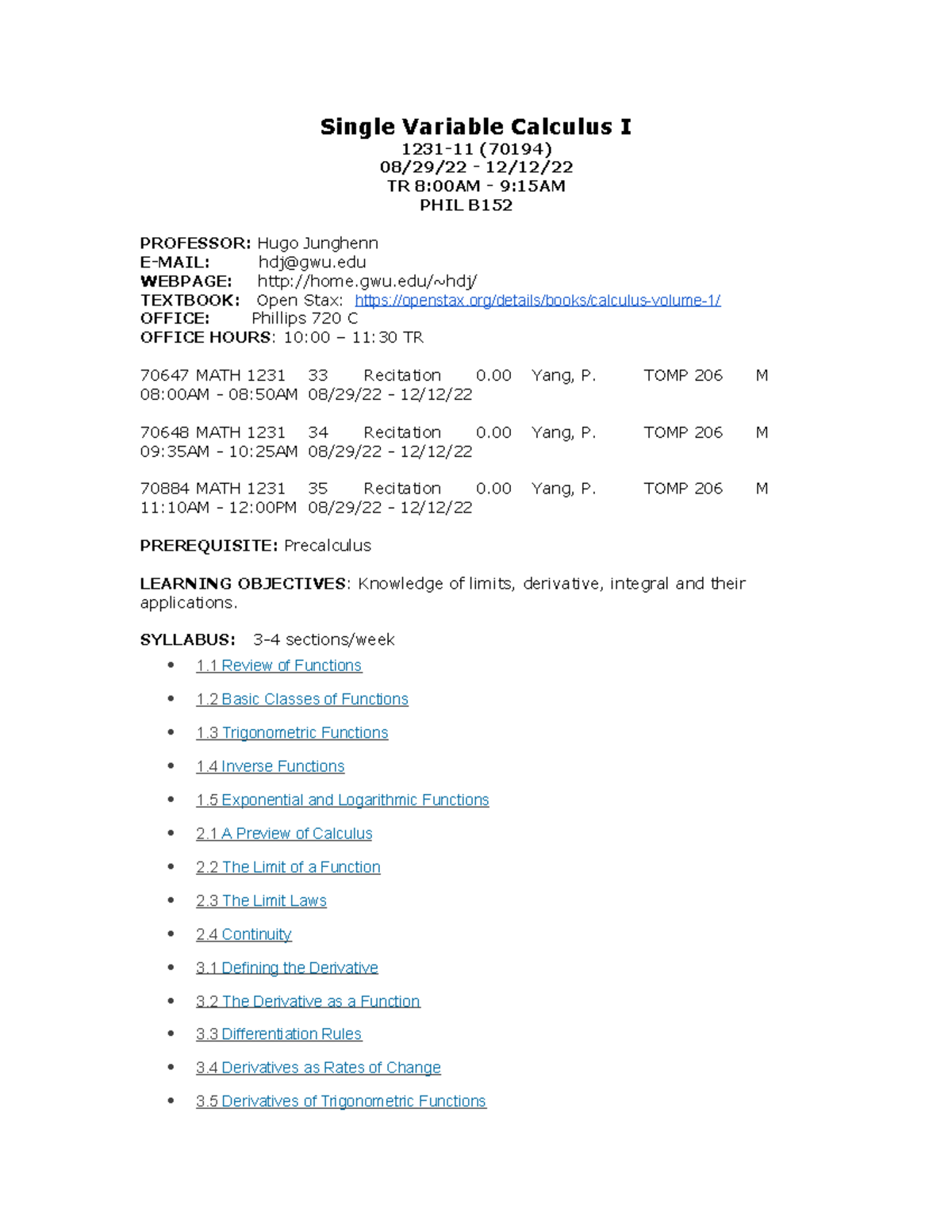 1231Course Info - notes - Single Variable Calculus I 1231-11 (70194) 08 ...