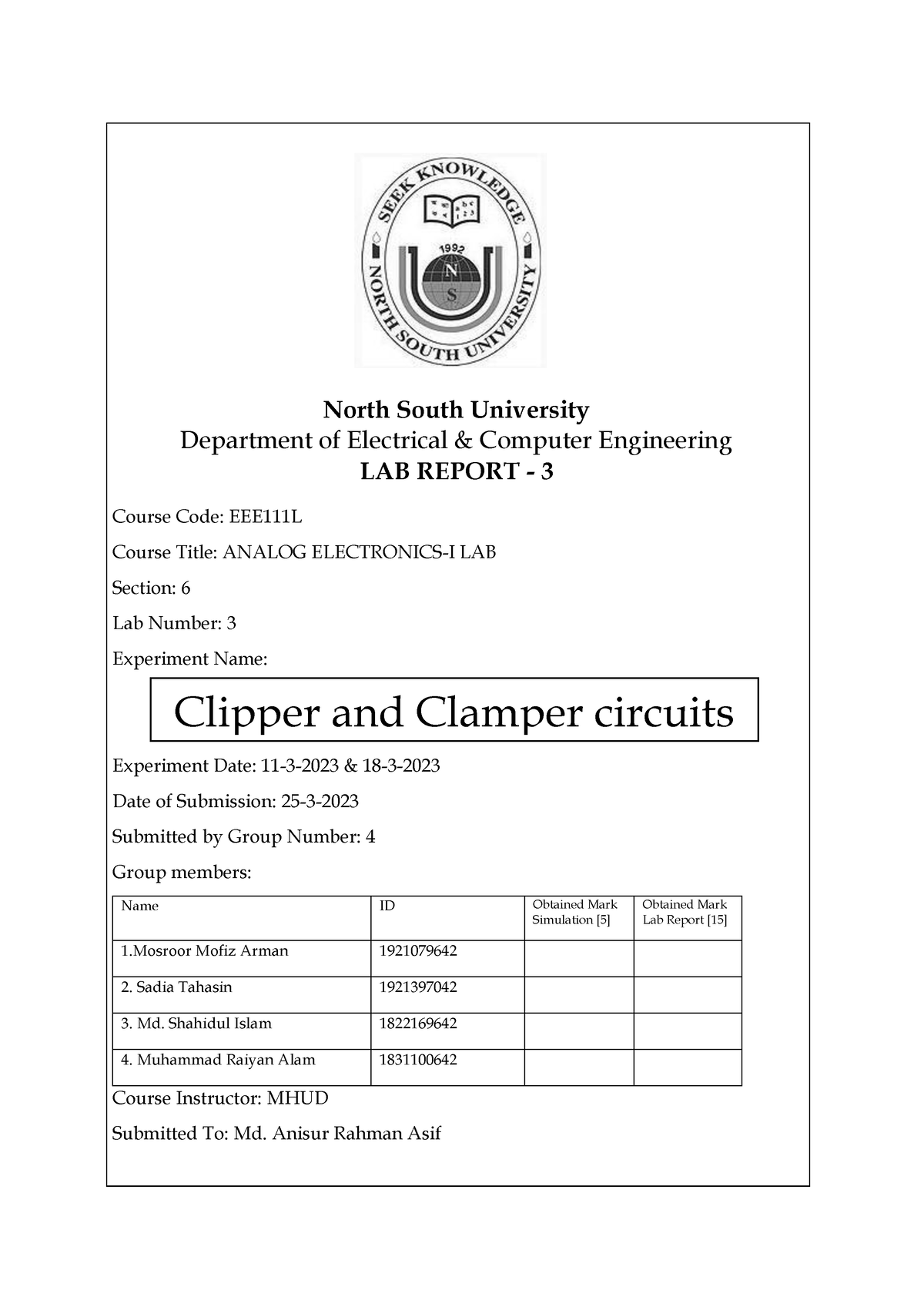 Clipper And Clamper Circuits Lab 4 Report - North South University ...