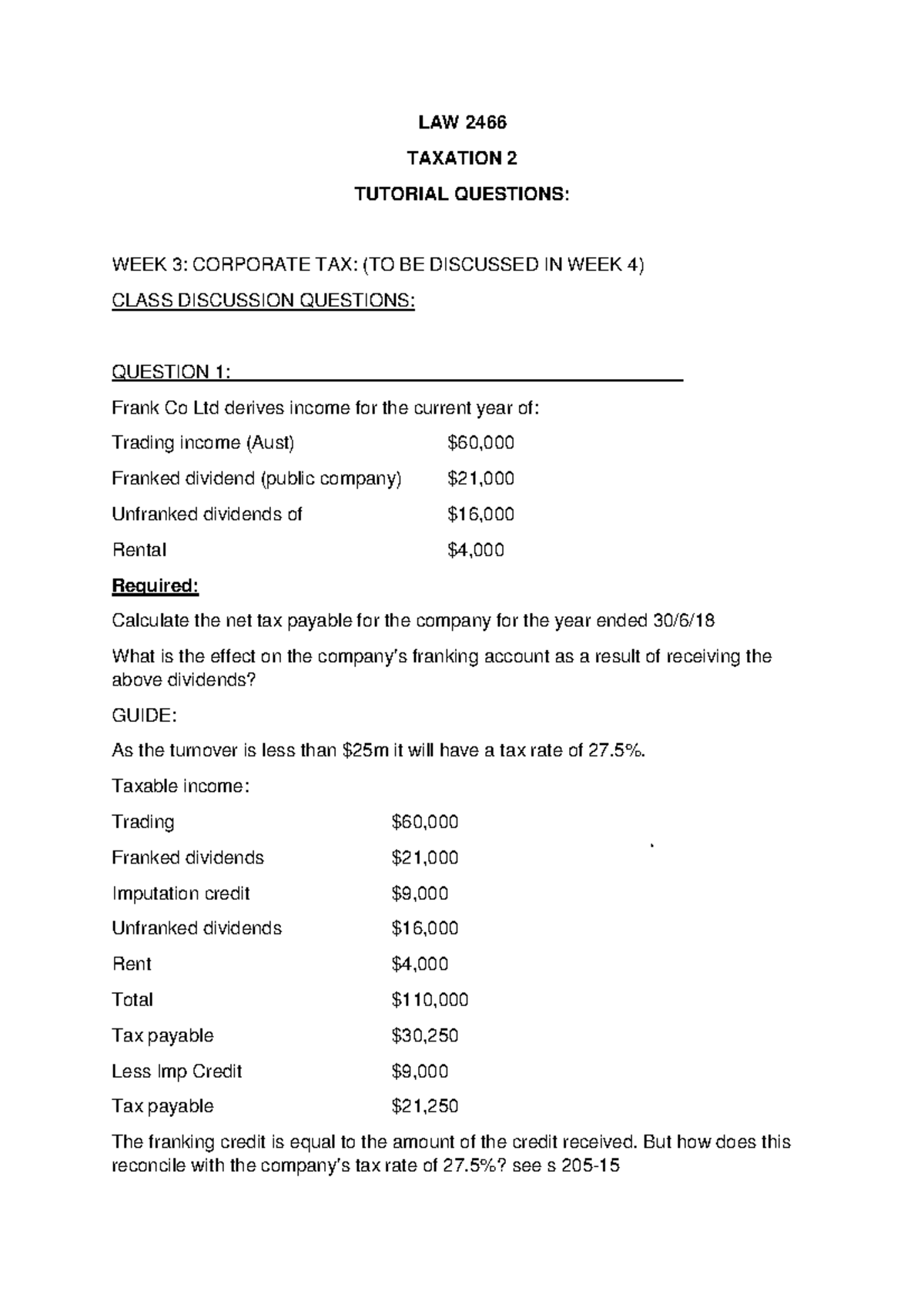 Week 3 Corporate Tax Tutorial Questions Answer Guide Students 1 Law Week 3 Corporate Tax Tutorial Questions Answer Guide Students 1 Law