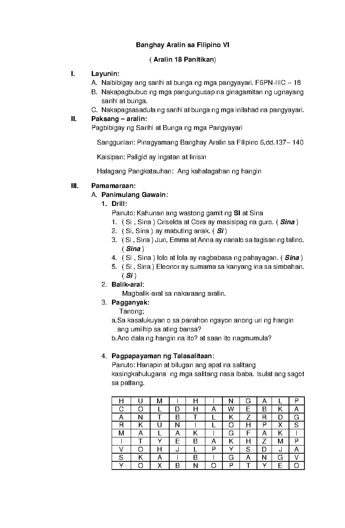 Banghay Aralin Sa Filipino 6 Banghay Aralin Sa Filipino Vi Aralin 18 Panitikan I Layunin 7993