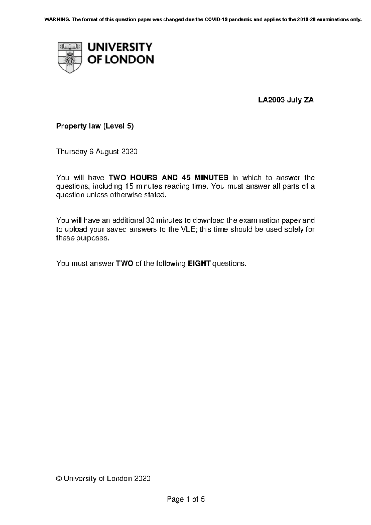 Property Level 5 Exam 2020 Report ZONE A LA2003 July ZA Property Law 