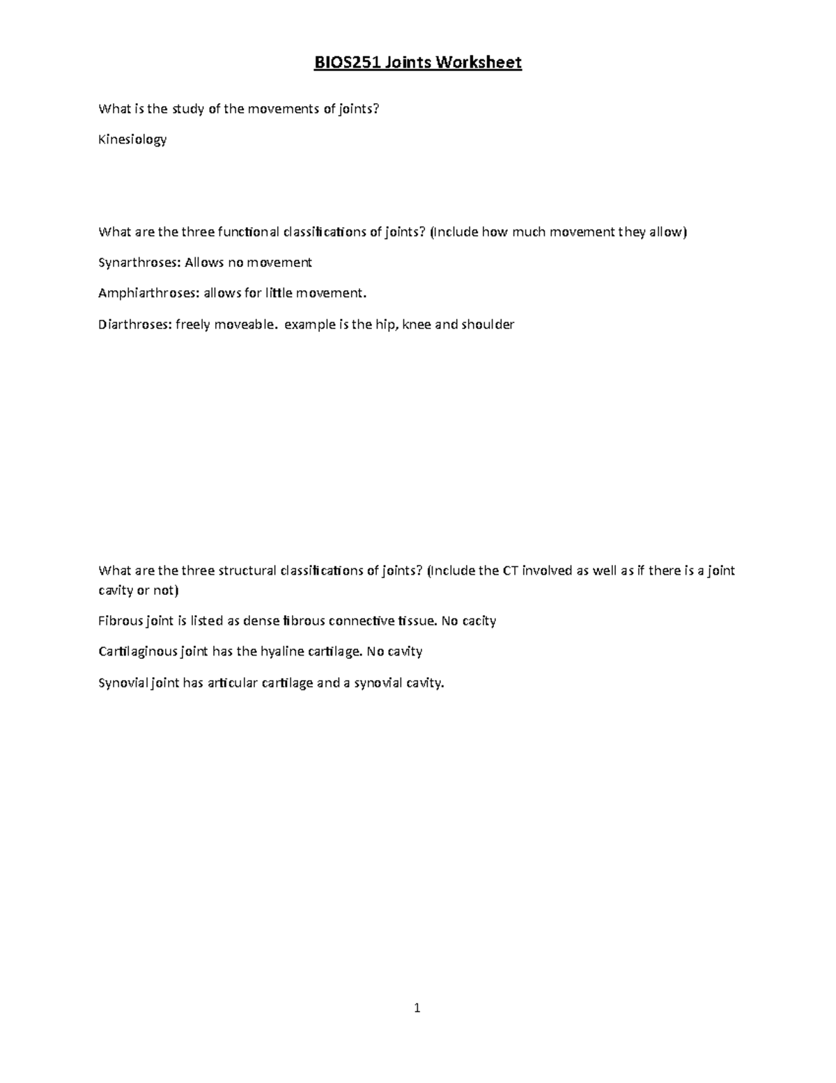 BIOS251 Week 7 Joints Worksheet 2 - What is the study of the movements ...