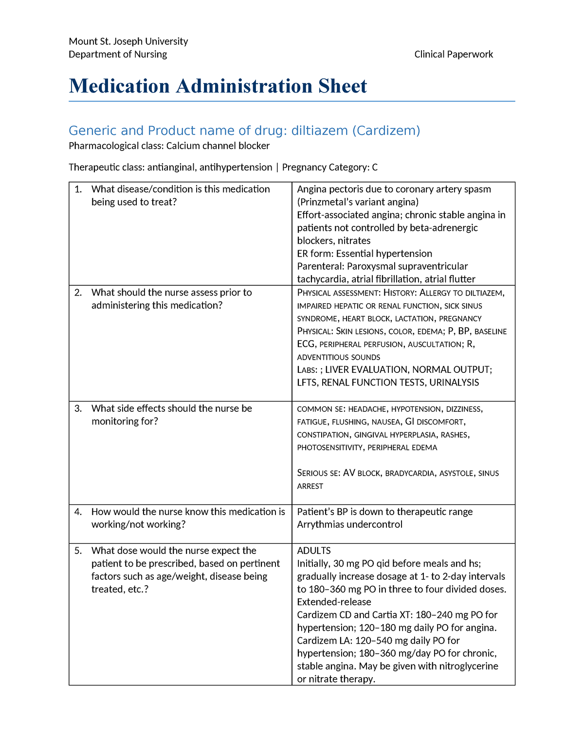 Diltiazem (Cardizem) - med sheets - Mount St. Joseph University ...