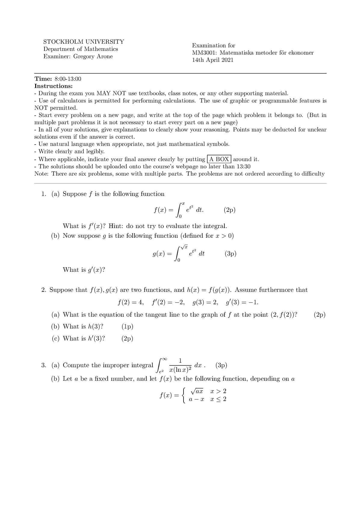 MM3001 210414 - Matematik Tenta - STOCKHOLM UNIVERSITY Department Of ...