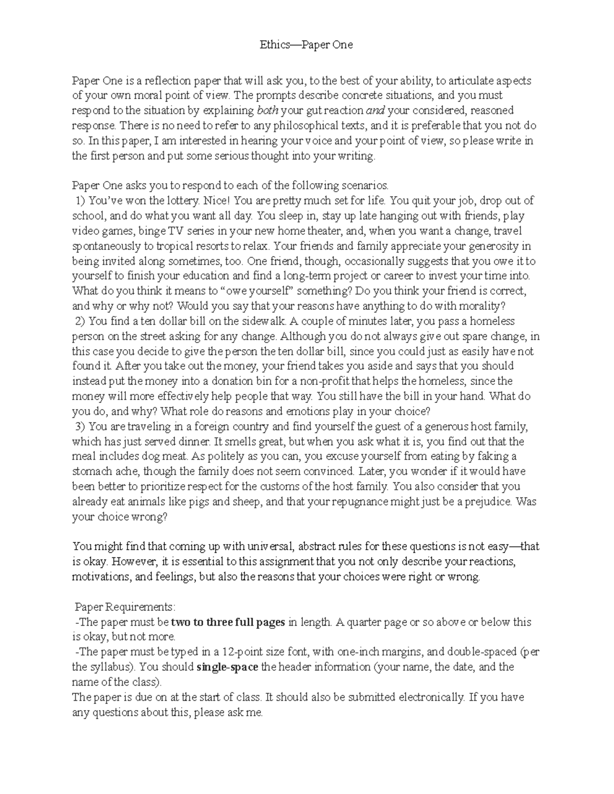 Ethics Paper One v2 - Graded exam - Ethics—Paper One Paper One is a ...