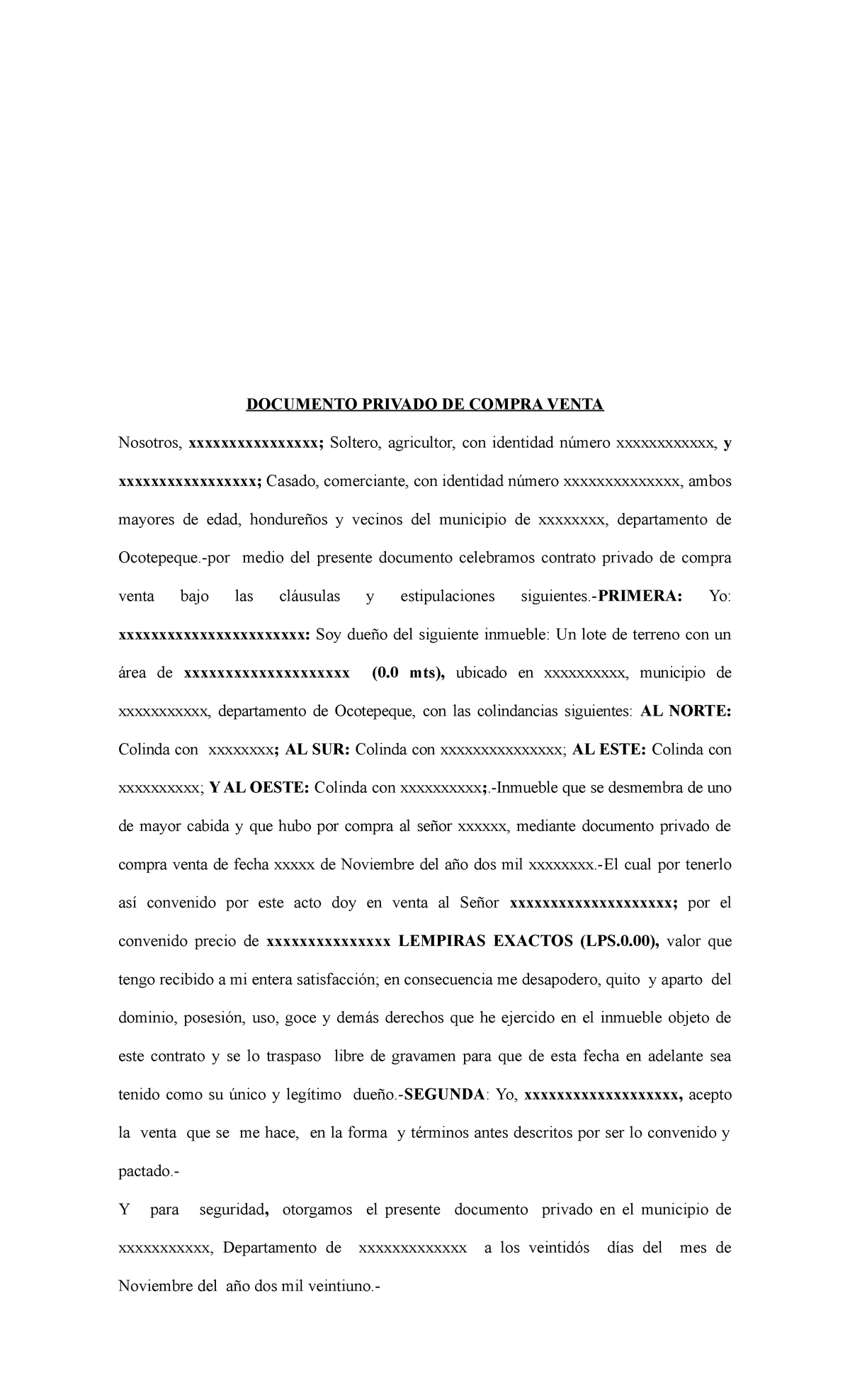 Formato DE Documento Privado DE Compra Venta DE Inmueble - DOCUMENTO PRIVADO  DE COMPRA VENTA - Studocu