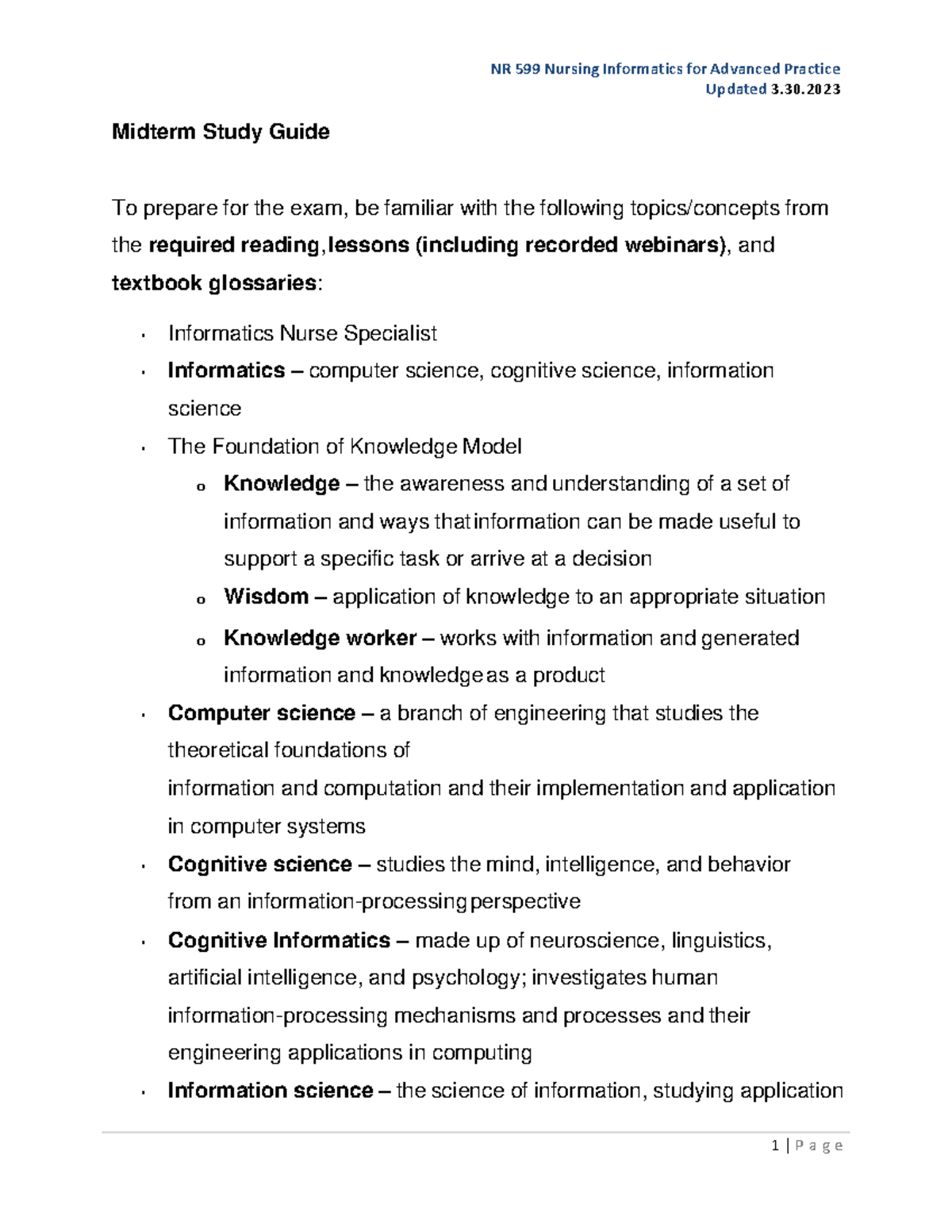 Midterm 1 NR 599 Nursing Informatics For Advanced Practice - Updated 3 ...