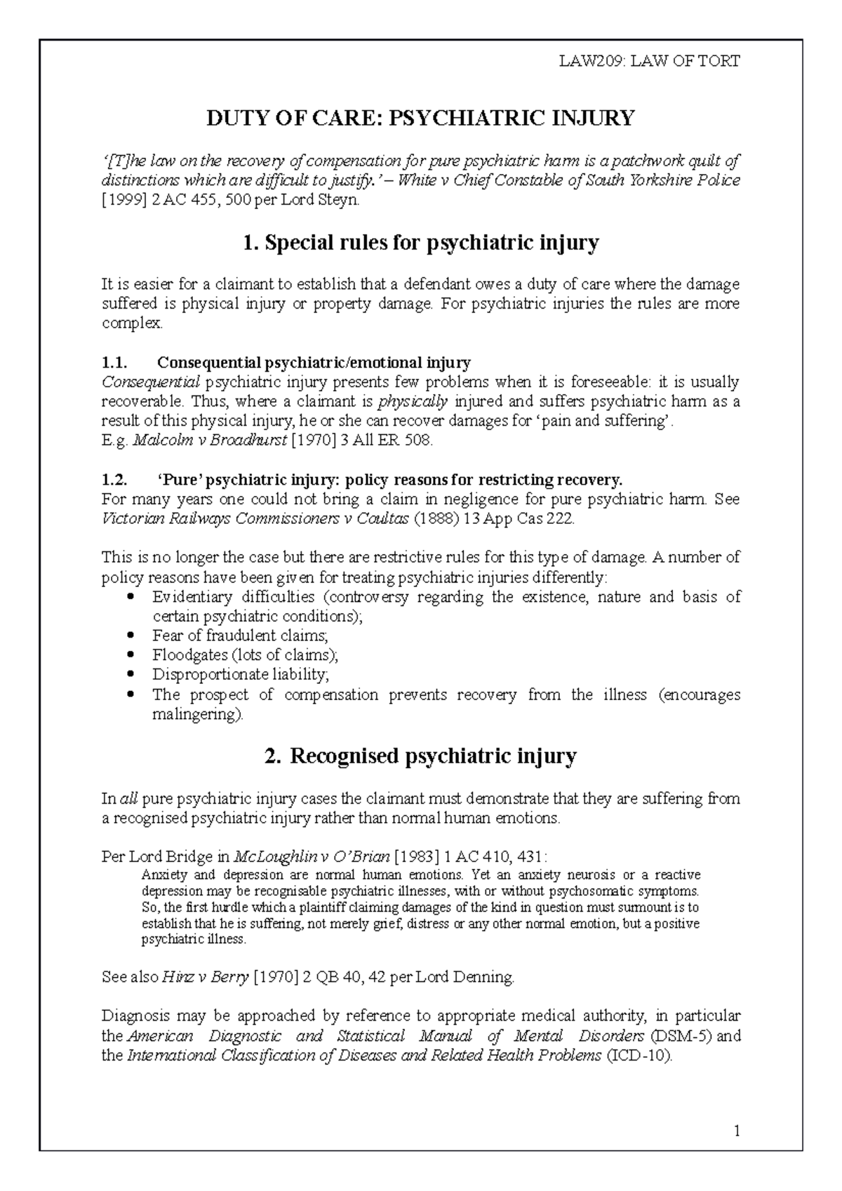 Psychiatric injury handout DUTY OF CARE PSYCHIATRIC INJURY ‘[T]he