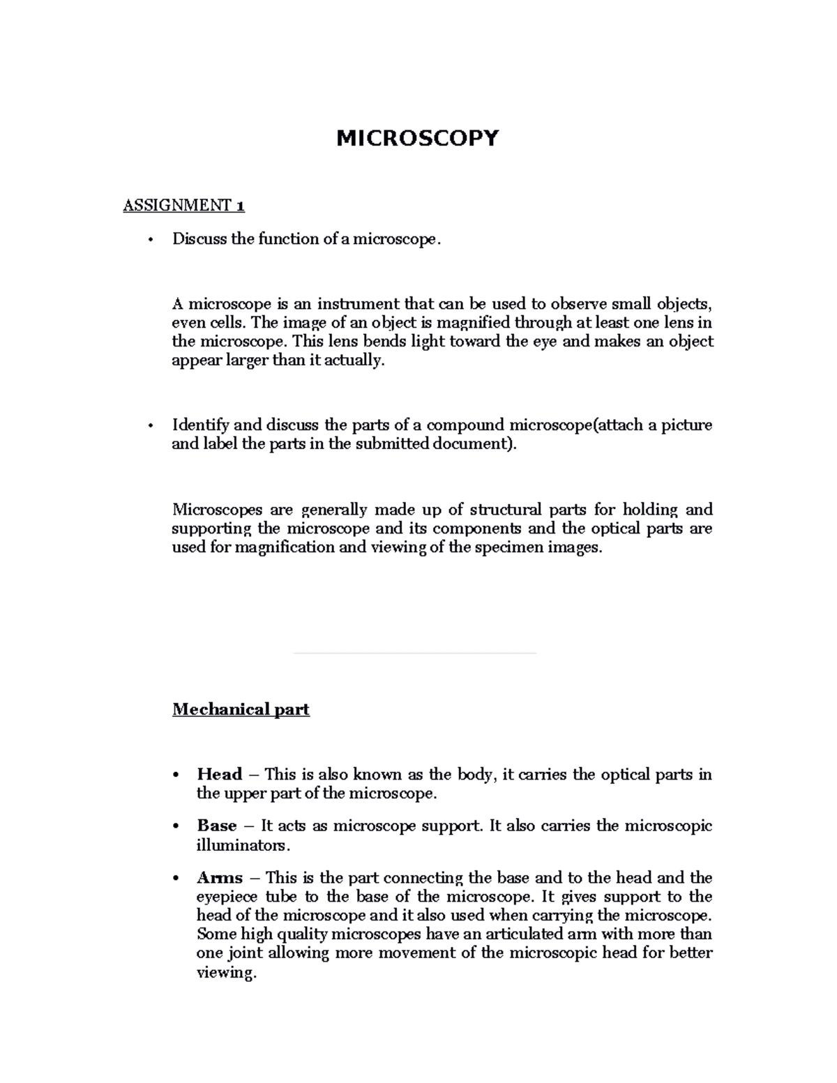 Histology Assignment 1 Microscopy MICROSCOPY ASSIGNMENT 1 Discuss