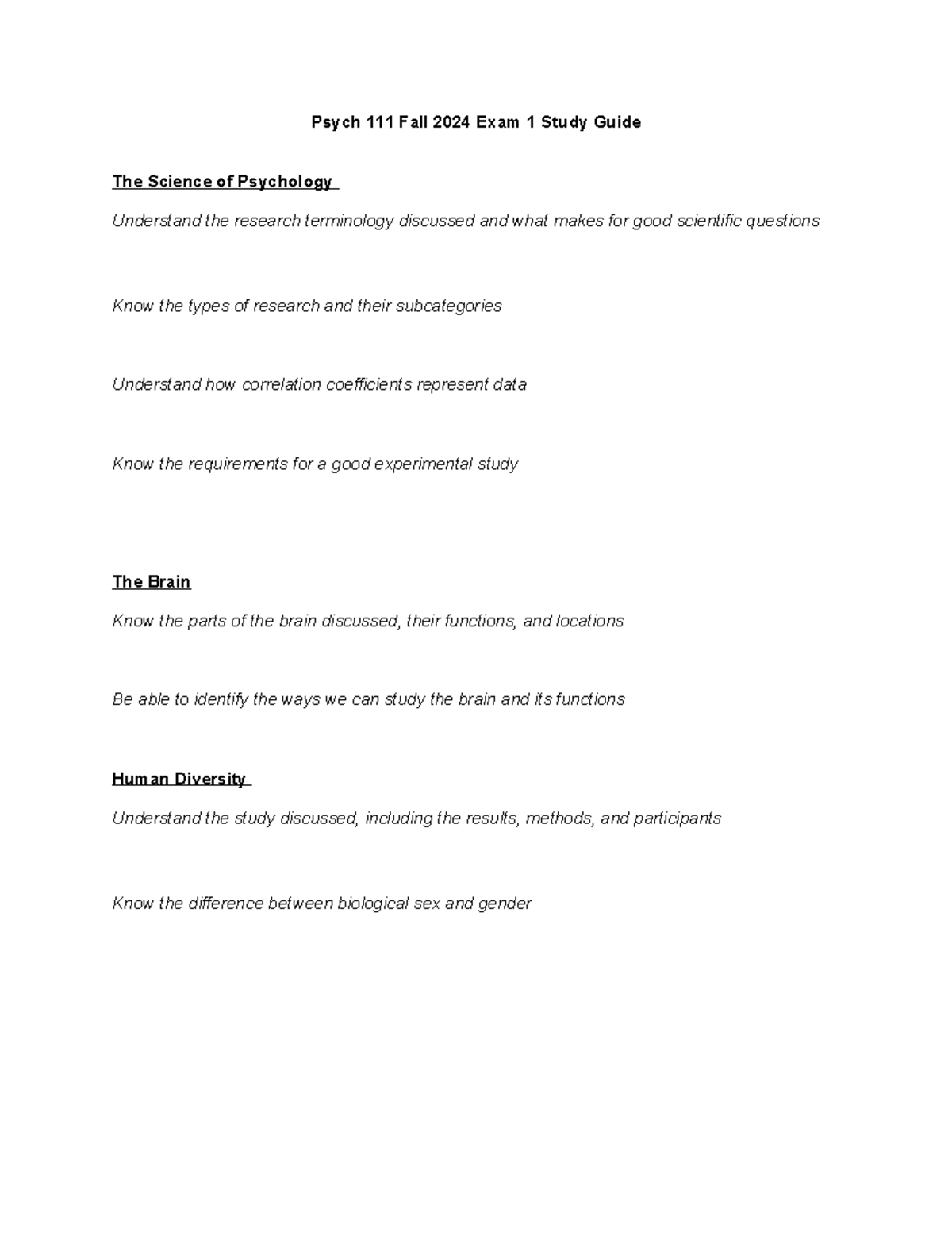 Psych 111 Fall 2024 v2 Exam 1 Study Guide - Psych 111 Fall 2024 Exam 1 ...