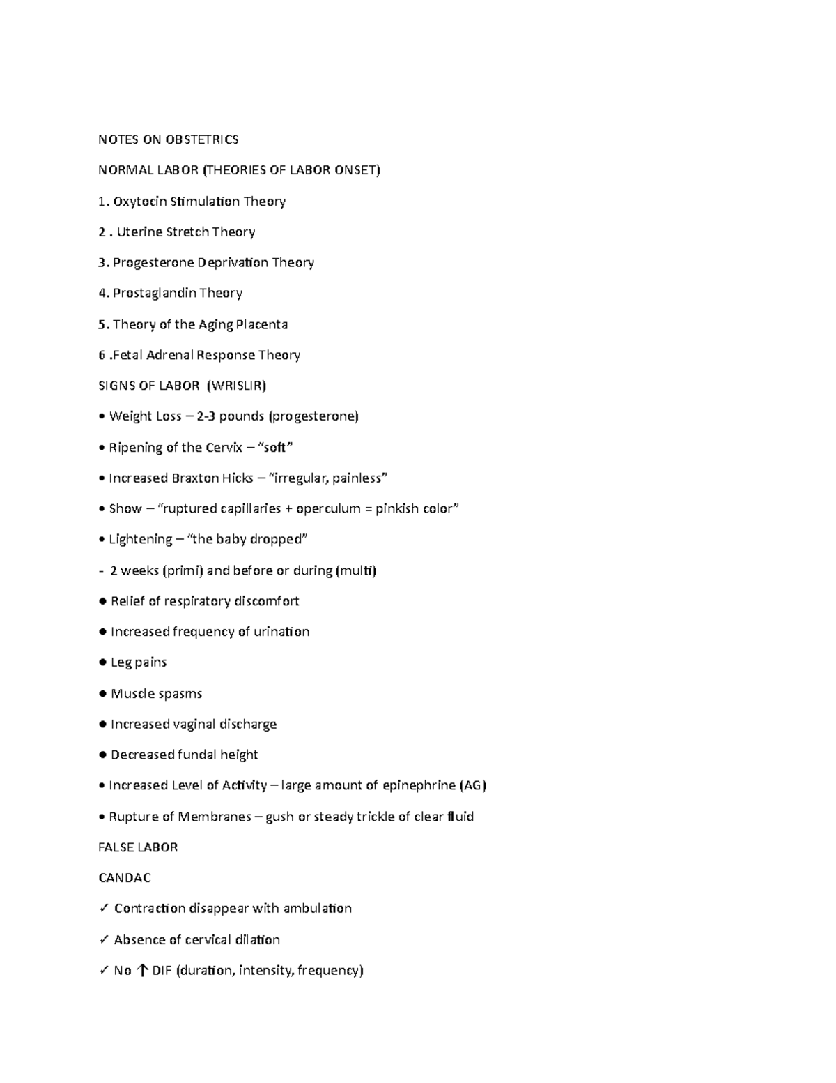 Notes ON Obstetrics - DCTHUYNU - NOTES ON OBSTETRICS NORMAL LABOR ...