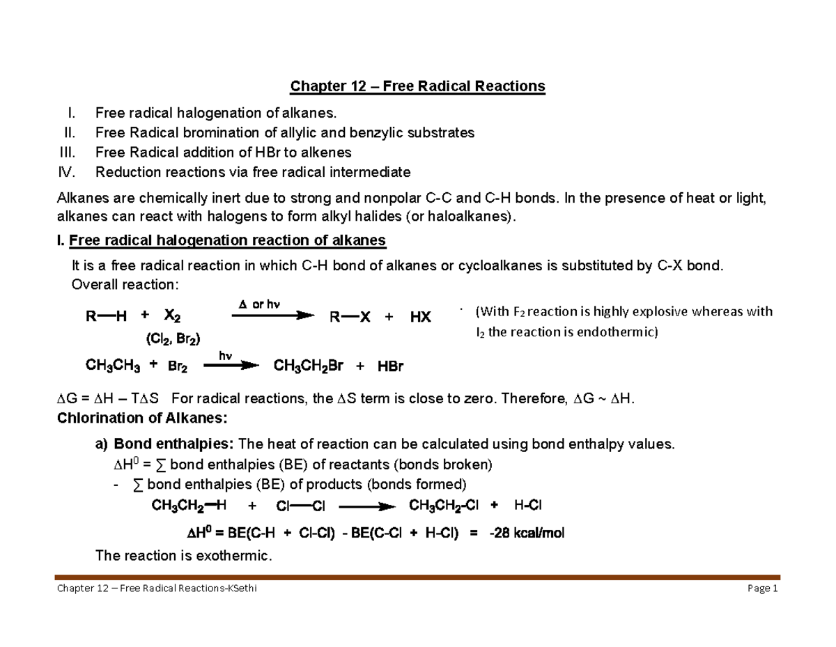 Chapter+12 - Chapter 12-Free Radical reactions - Chapter 12 – Free ...