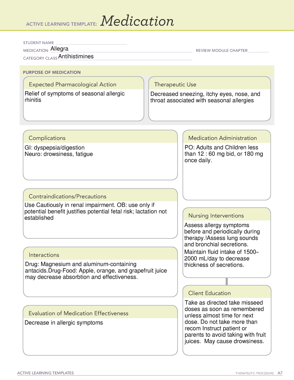 Allegra ati drug card - ACTIVE LEARNING TEMPLATES TherapeuTic procedure ...