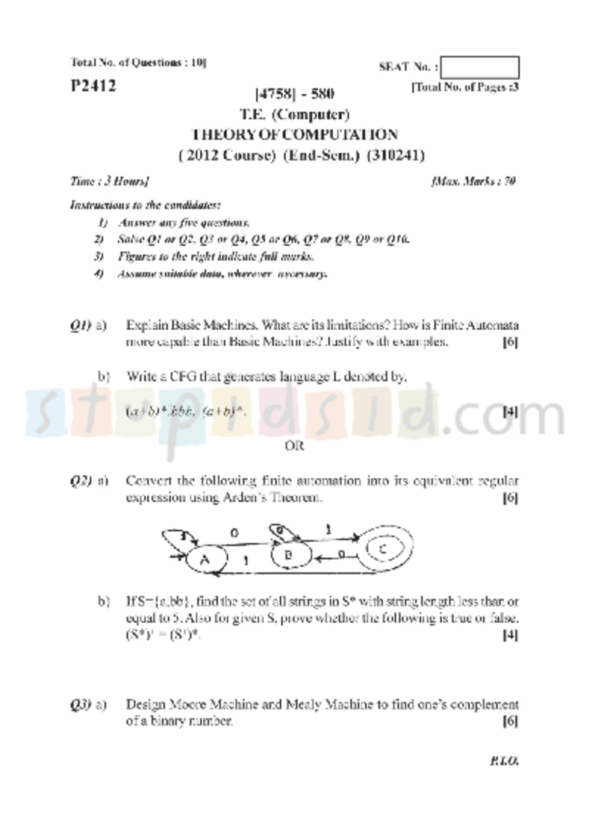 Theory of Computation Total No. of Questions SEAT No. P2412 580