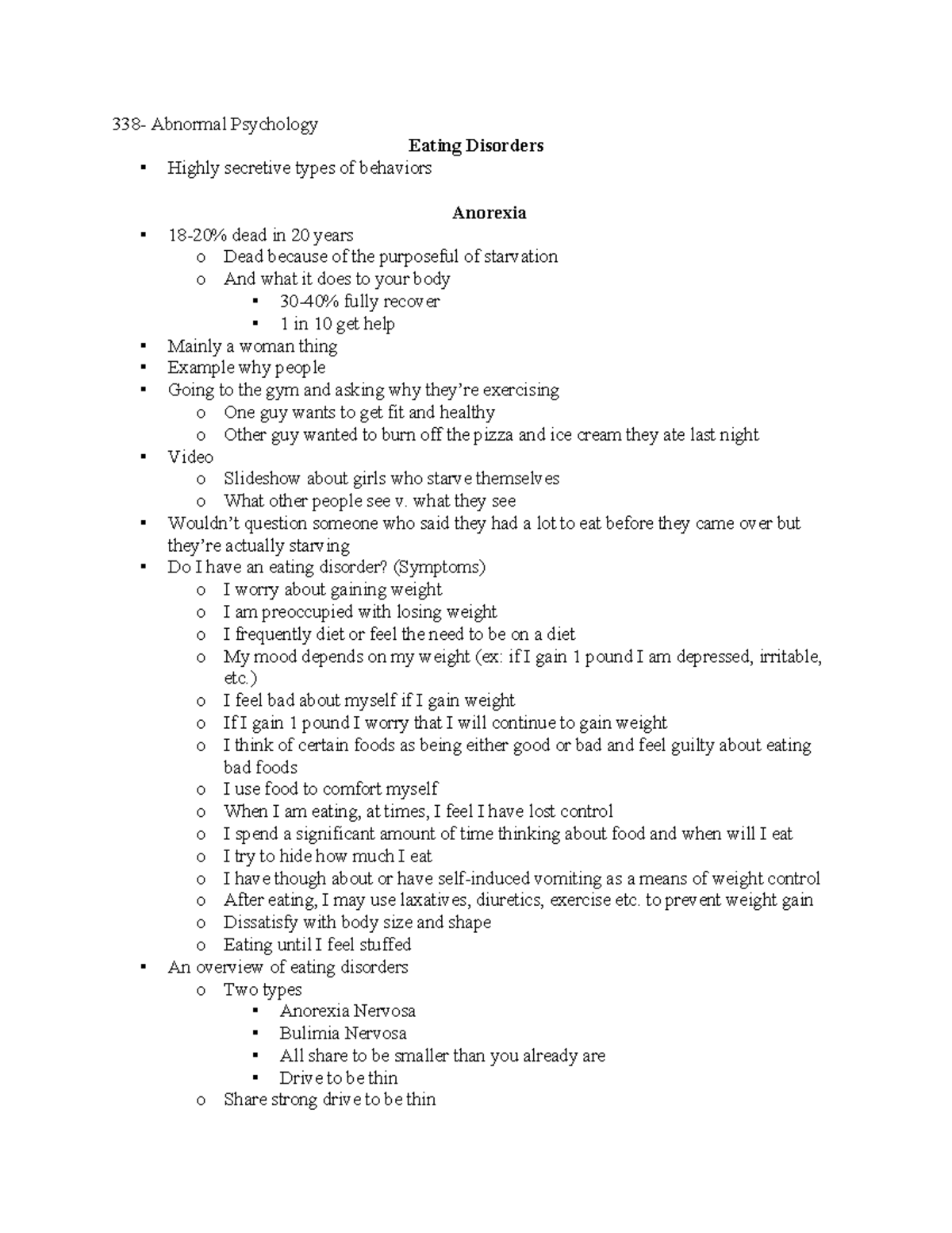 Abnormal Psych Eating Disorders Notes - 338- Abnormal Psychology Eating ...