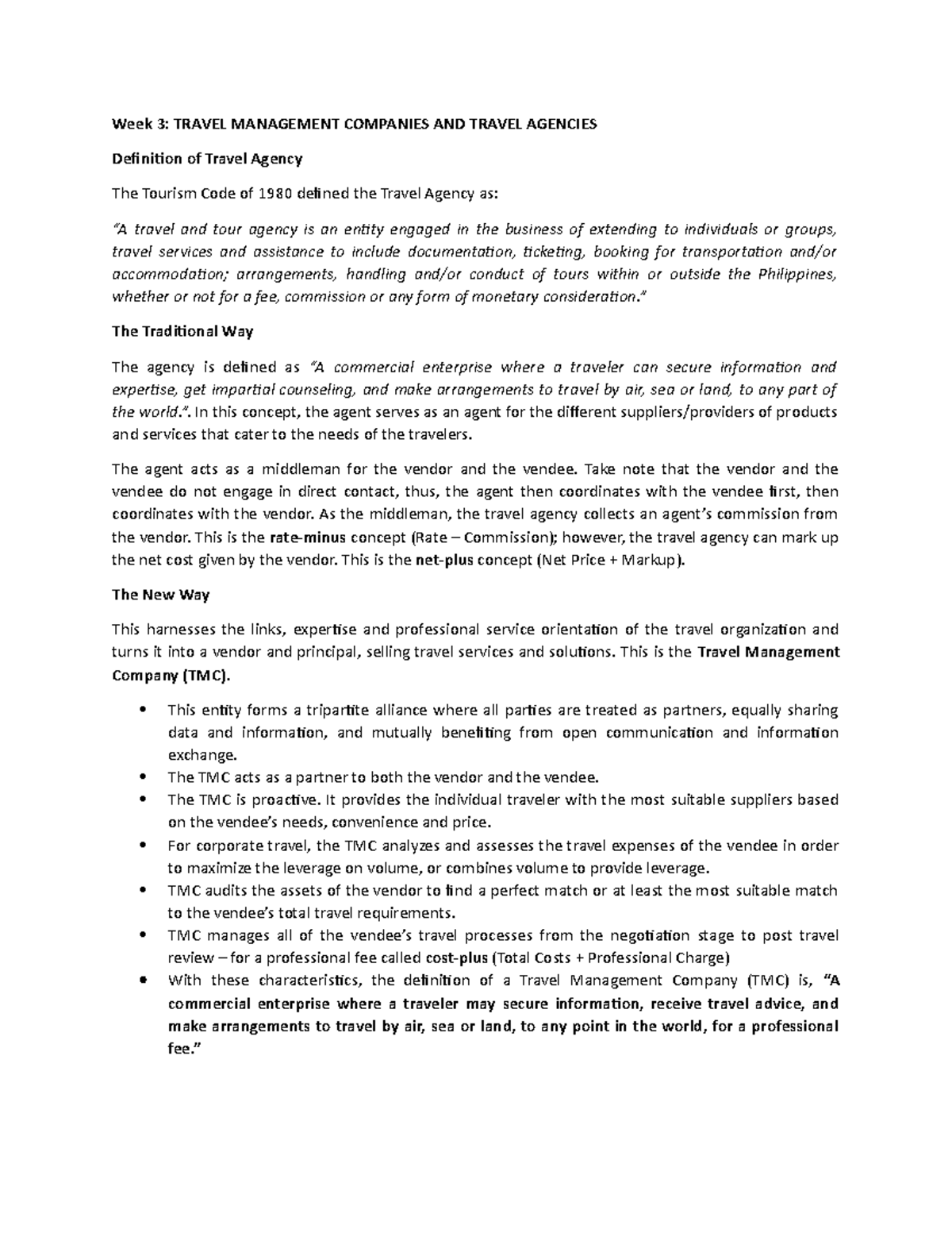 TOUR 19 - Week 3 - Lecture notes 2 - Week 3: TRAVEL MANAGEMENT ...