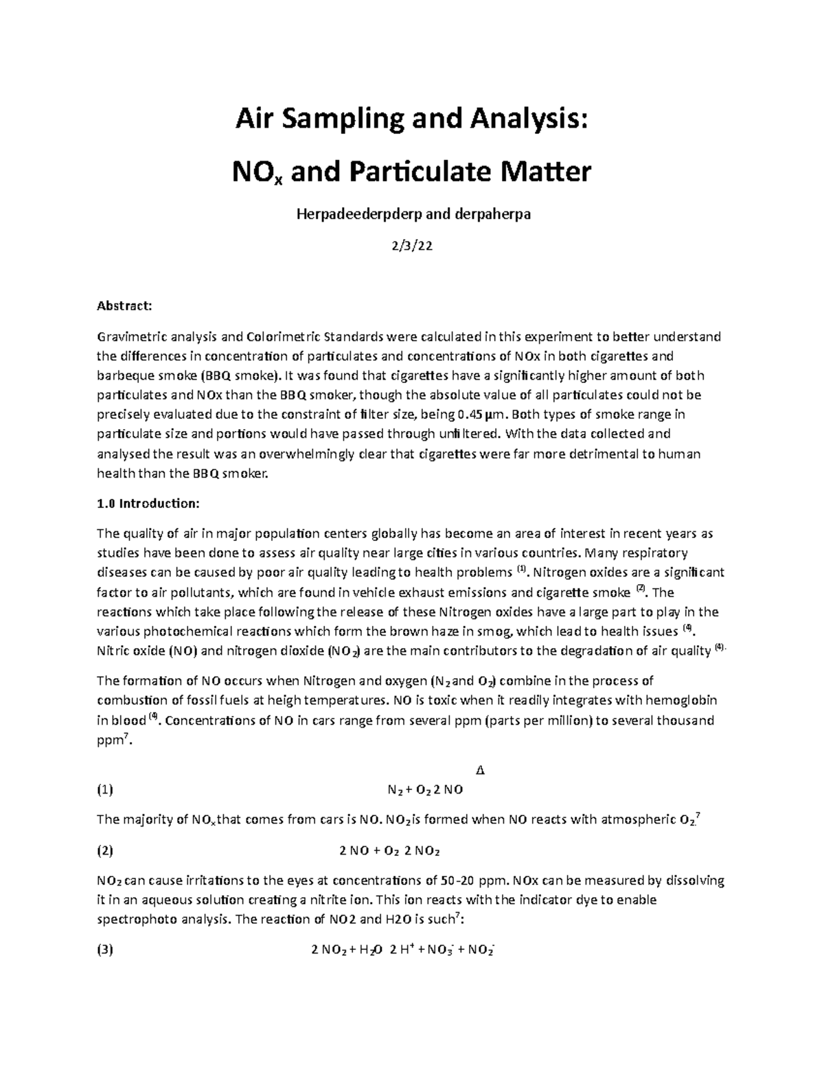 Assignment 1 CH3041 herpadeederpderp Air Sampling and Analysis NOx