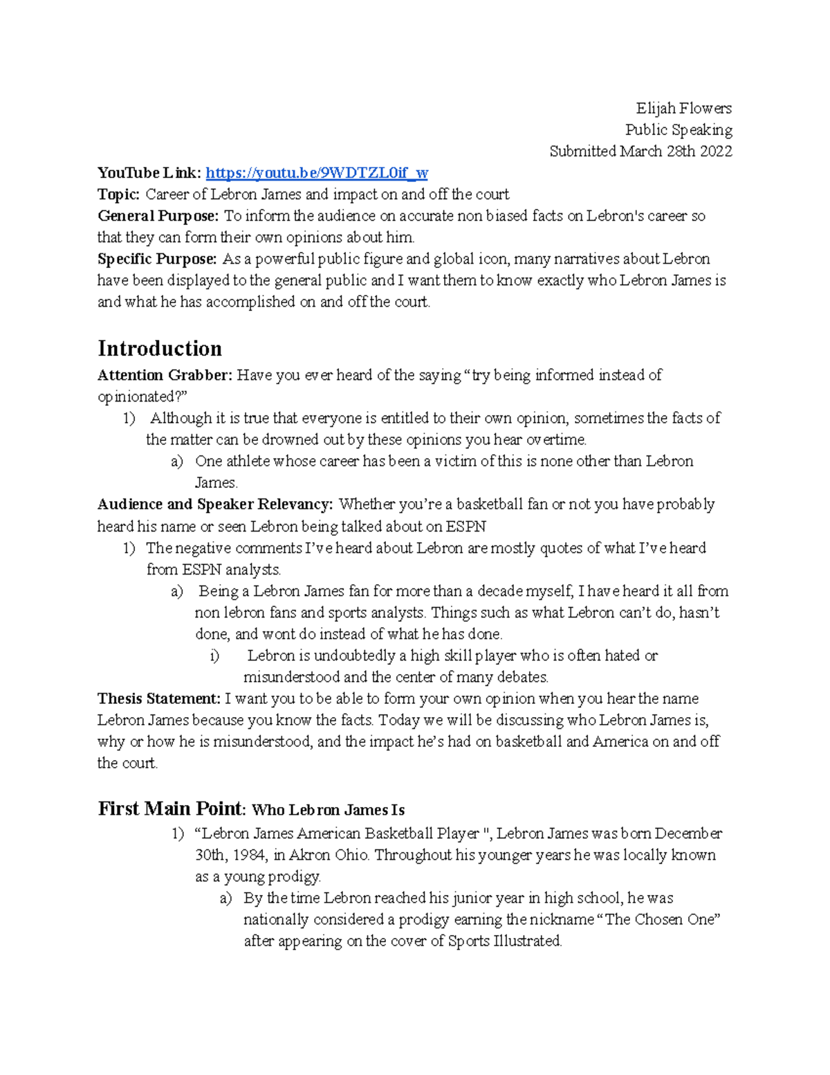 Informative Outline Final Draft - Elijah Flowers Public Speaking 