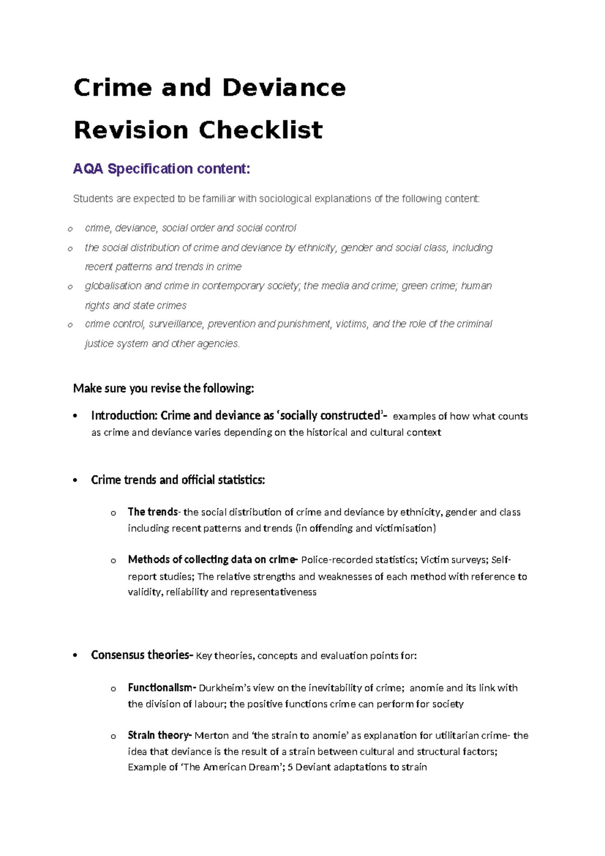 C & D Revision Checklist 2017 - Crime and Deviance Revision Checklist ...