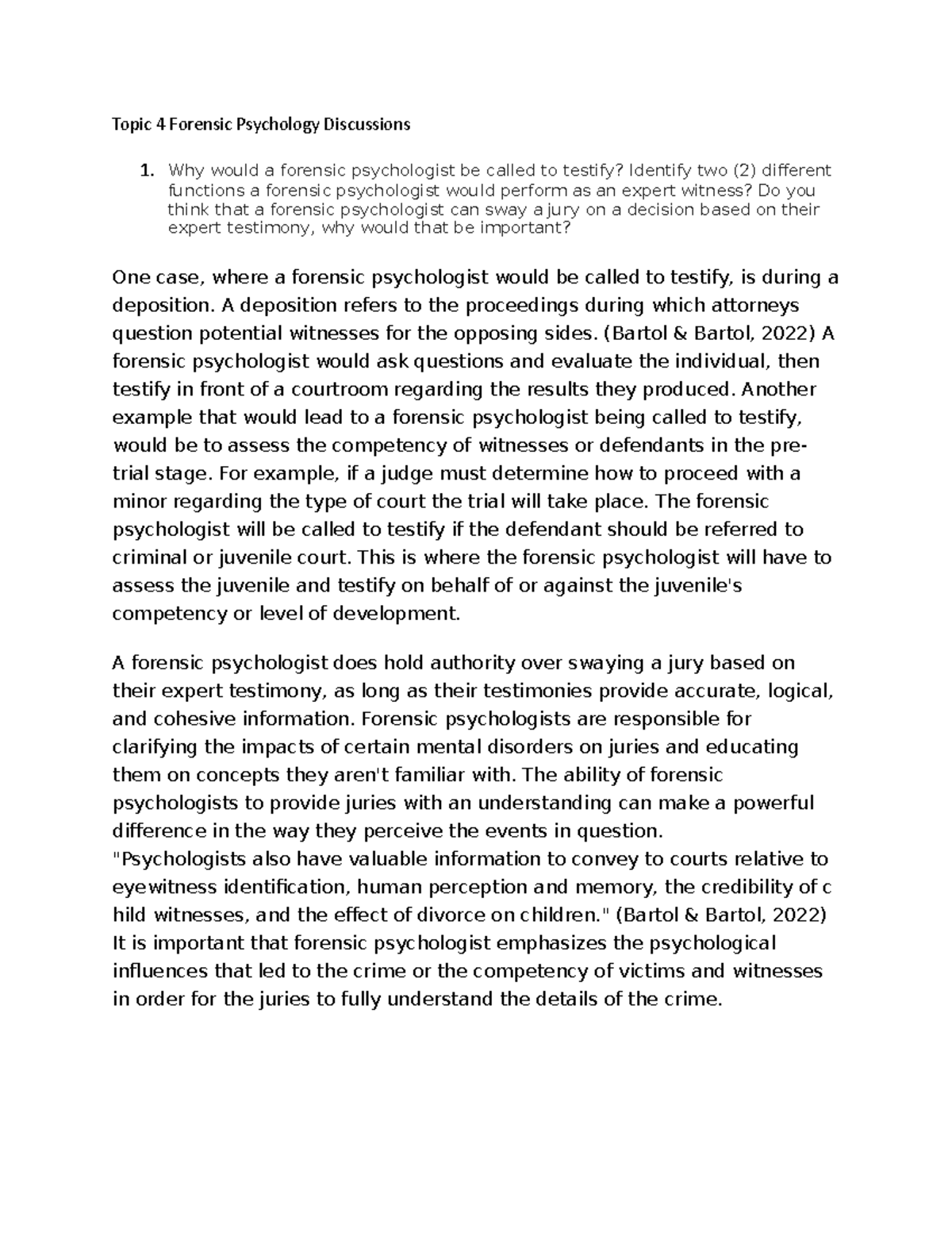Topic 4 Forensic Psychology Discussions Topic 4 Forensic Psychology
