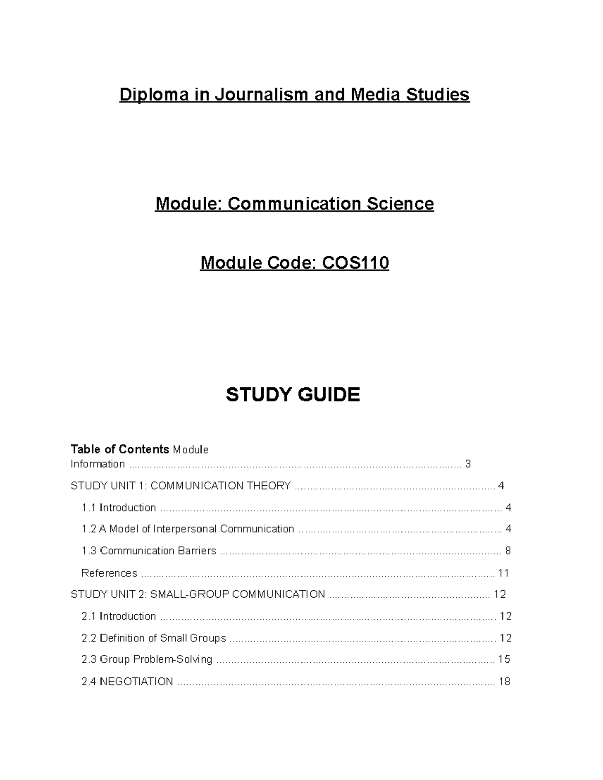 Communication Science - Study Guide - Diploma In Journalism And Media ...