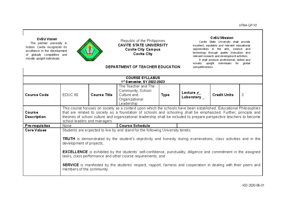 Syllabus EDUC60 THE Teacher AND THE Community School Culture AND ...