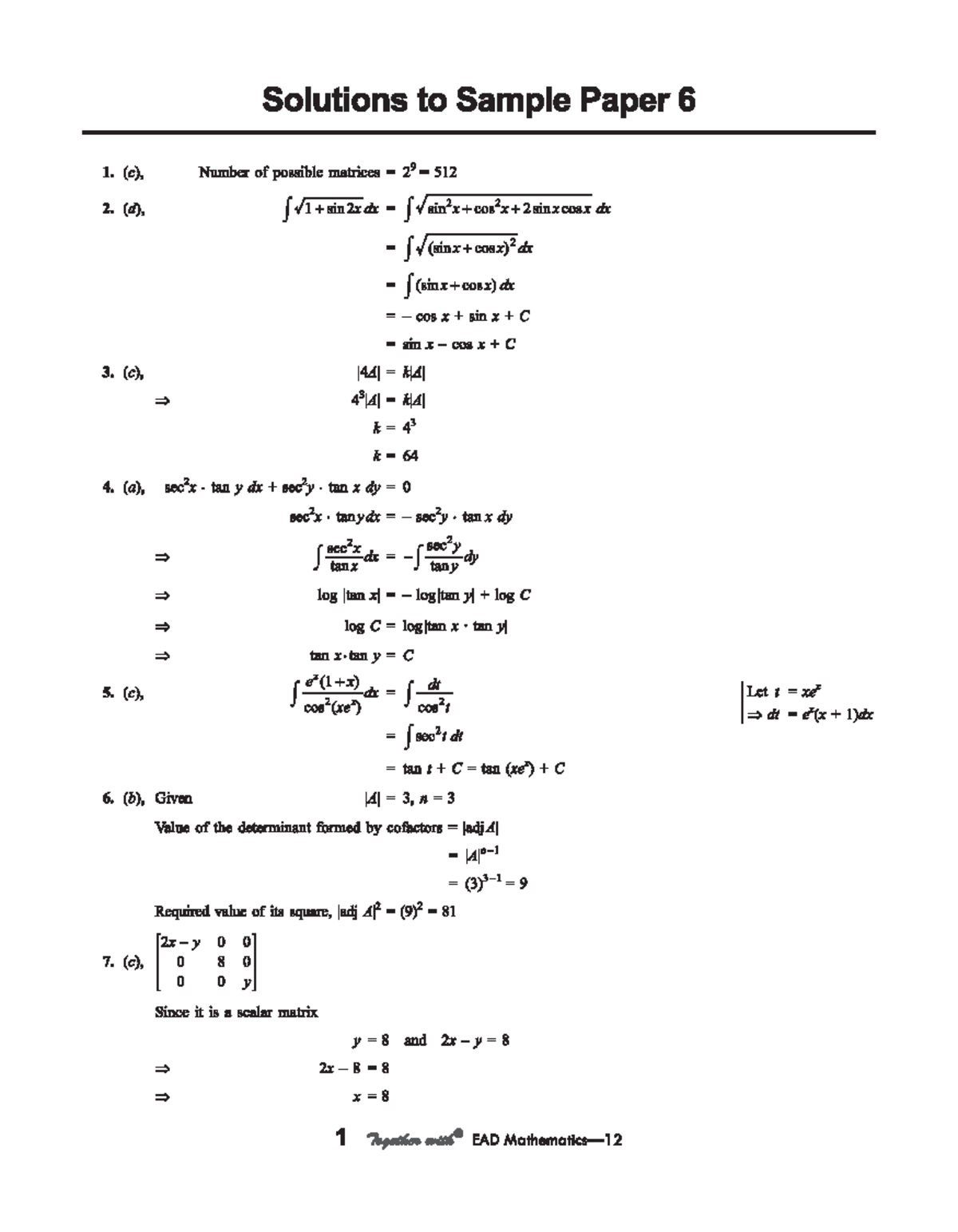 Cbse cl12 ead mathematics answers to sample paper 6 2025 - Solutions to ...