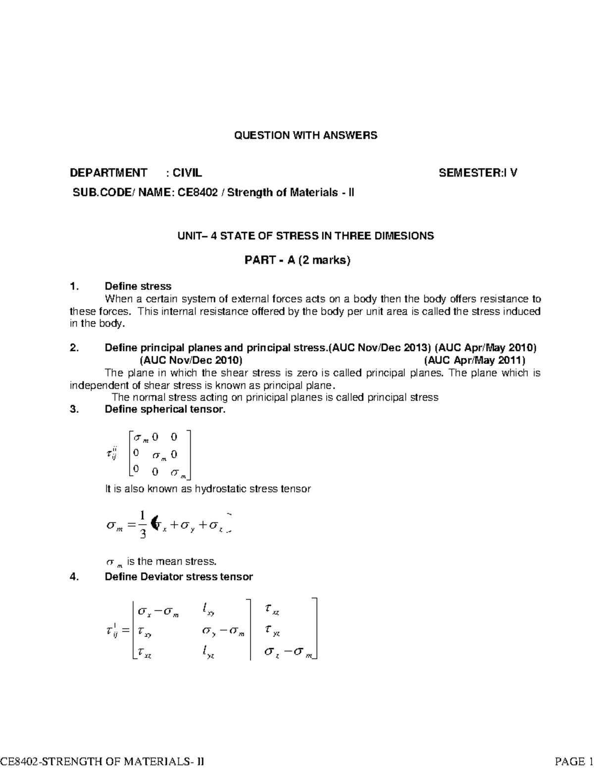 Strength of Materials QUESTION WITH ANSWERS UNIT 4 STATE OF STRESS