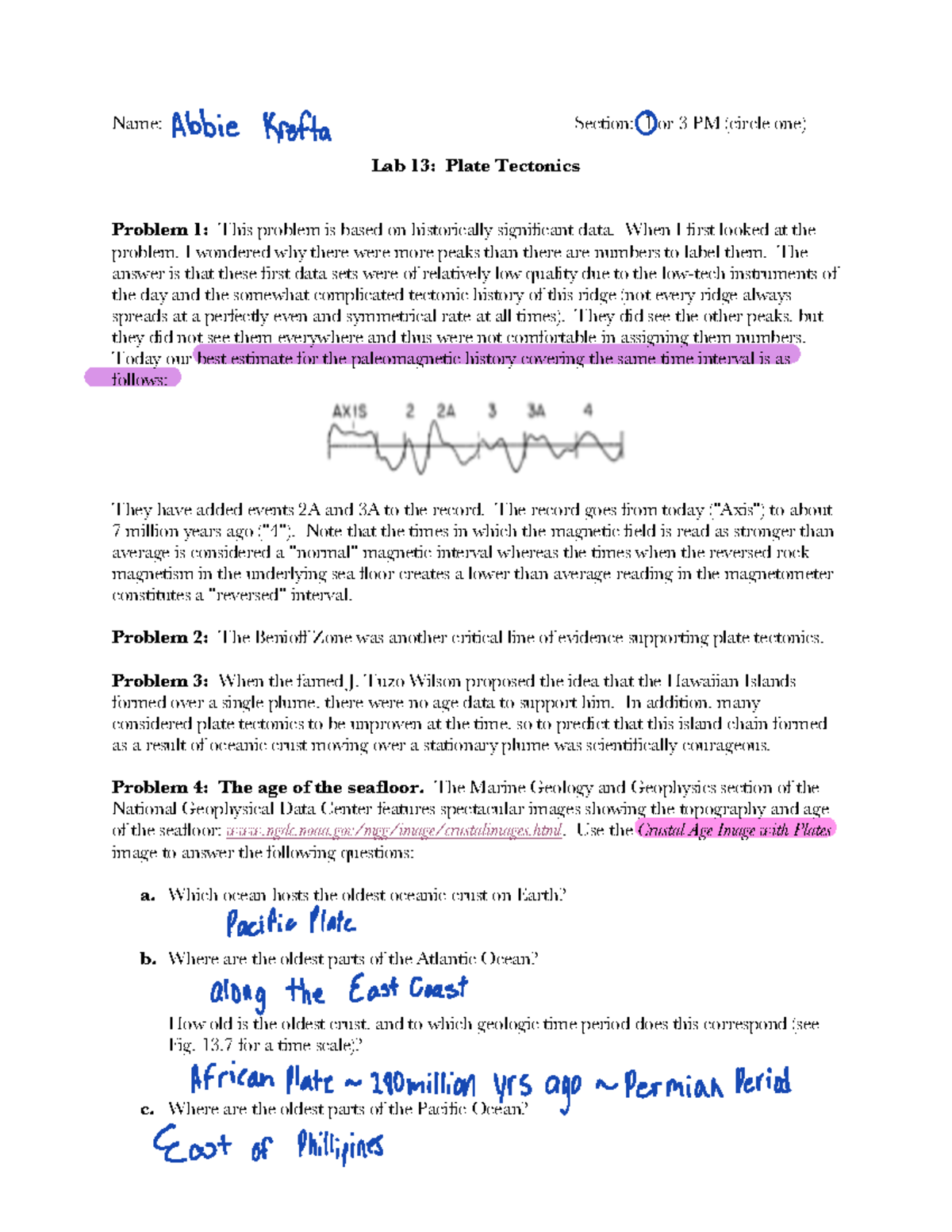 Lab+12+Plate+Tectonics - Name: Section: 1 or 3 PM (circle one) Lab 13 ...