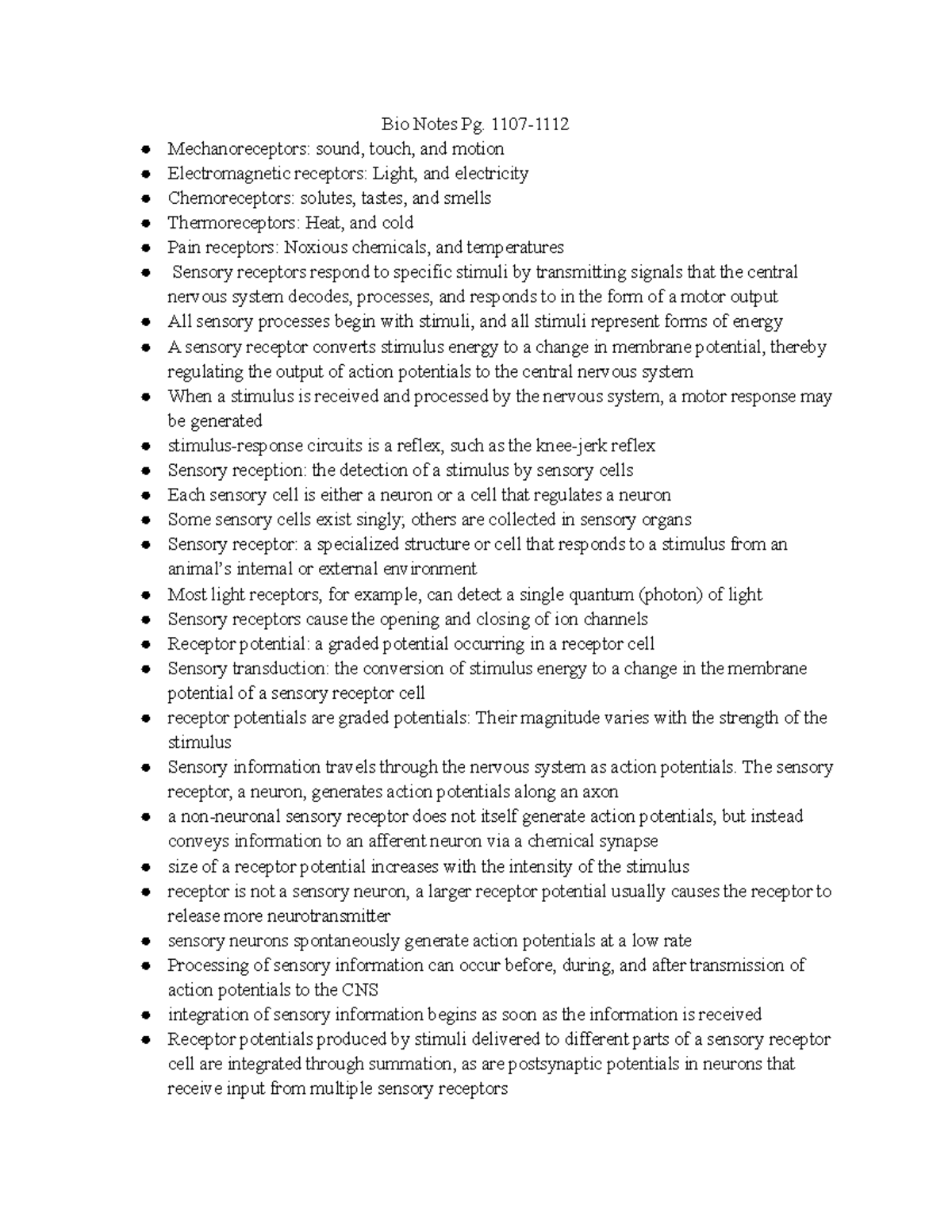 Bio Notes Pg. 1107-1112 - Bio Notes Pg. 1107- Mechanoreceptors: sound ...