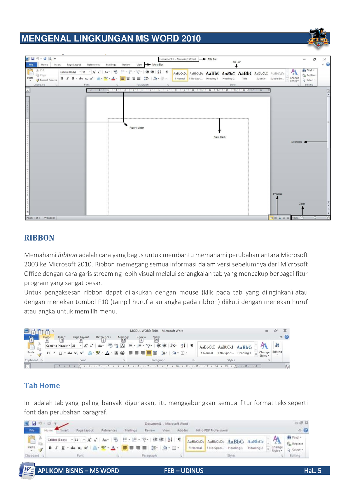 Panduan Praktik-MS Word 2010 - MENGENAL LINGKUNGAN MS WORD 2010 RIBBON ...