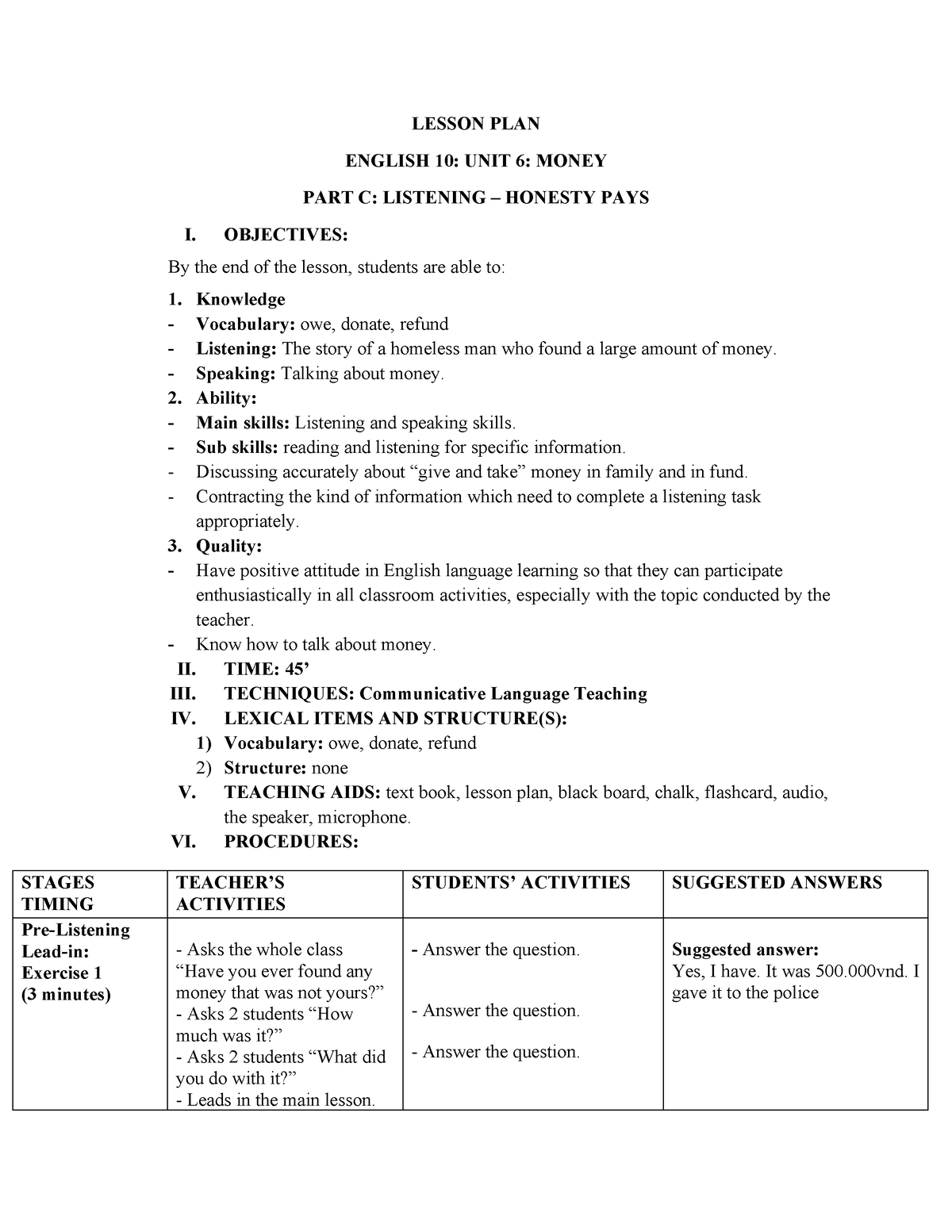 FG10 Unit 6 6C listening - LESSON PLAN ENGLISH 10: UNIT 6: MONEY PART C ...